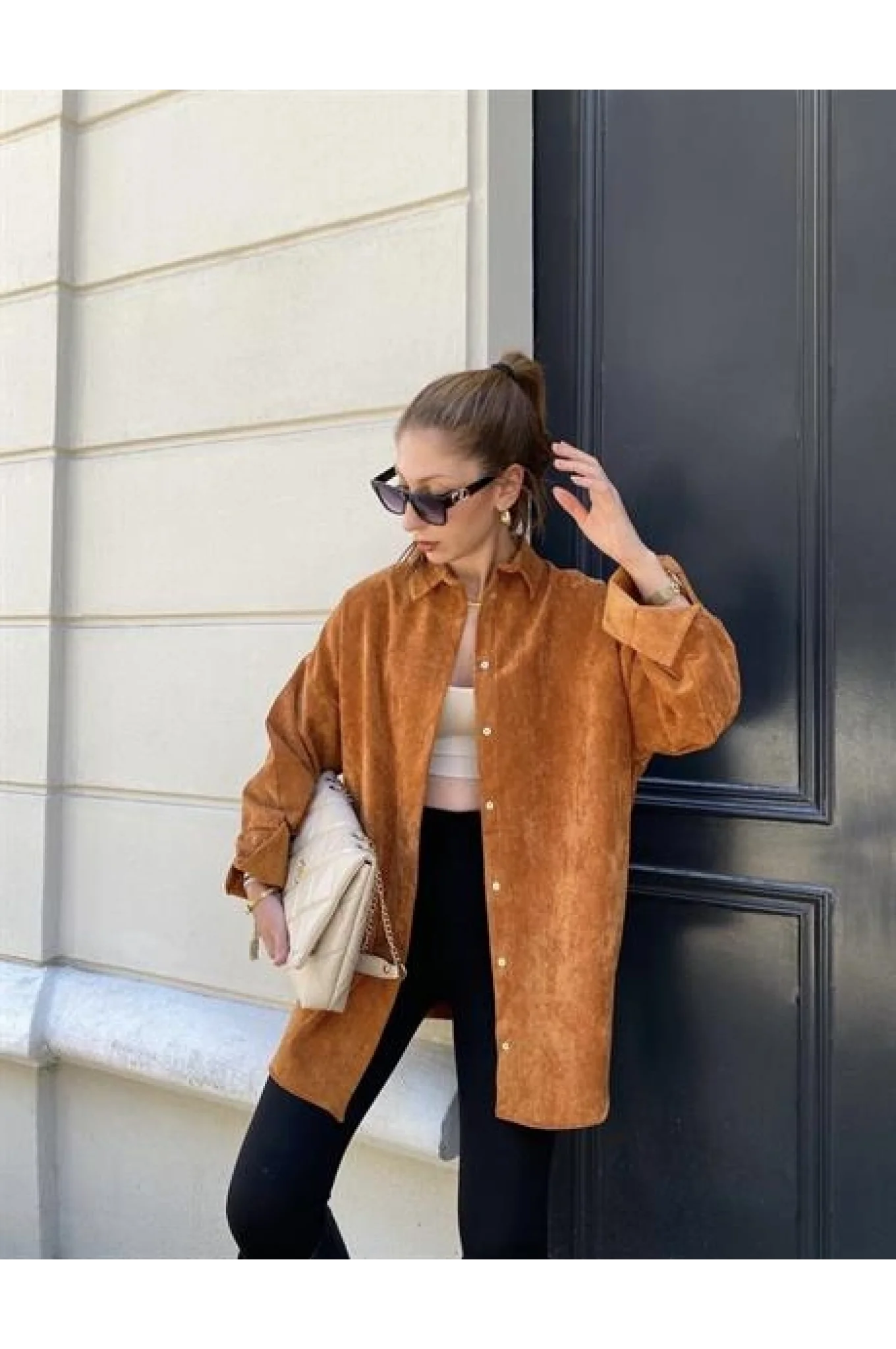 Taba Renk Oversize Kadife Gömlek