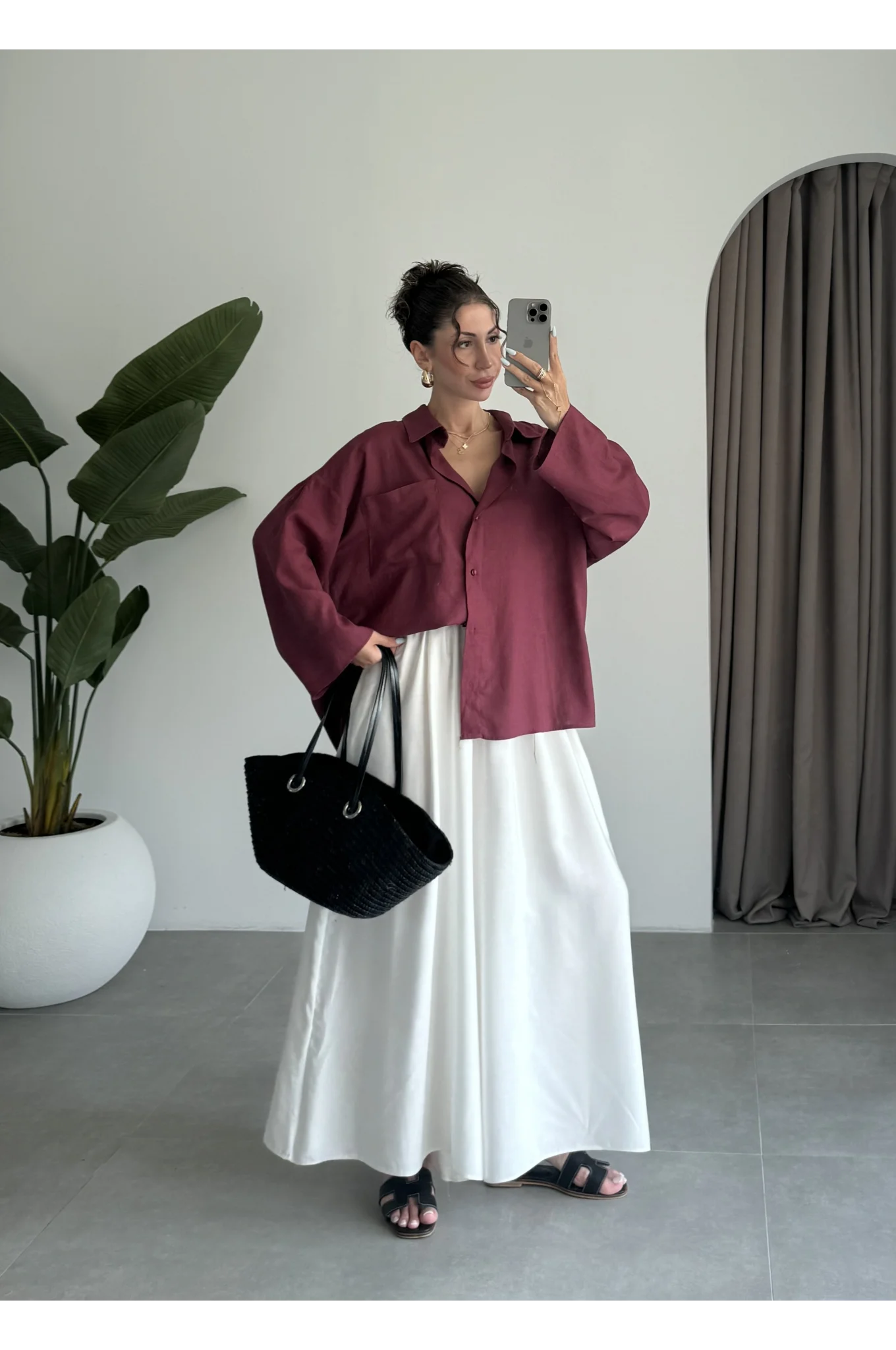 Tek Cepli Keten Oversize Bordo Gömlek