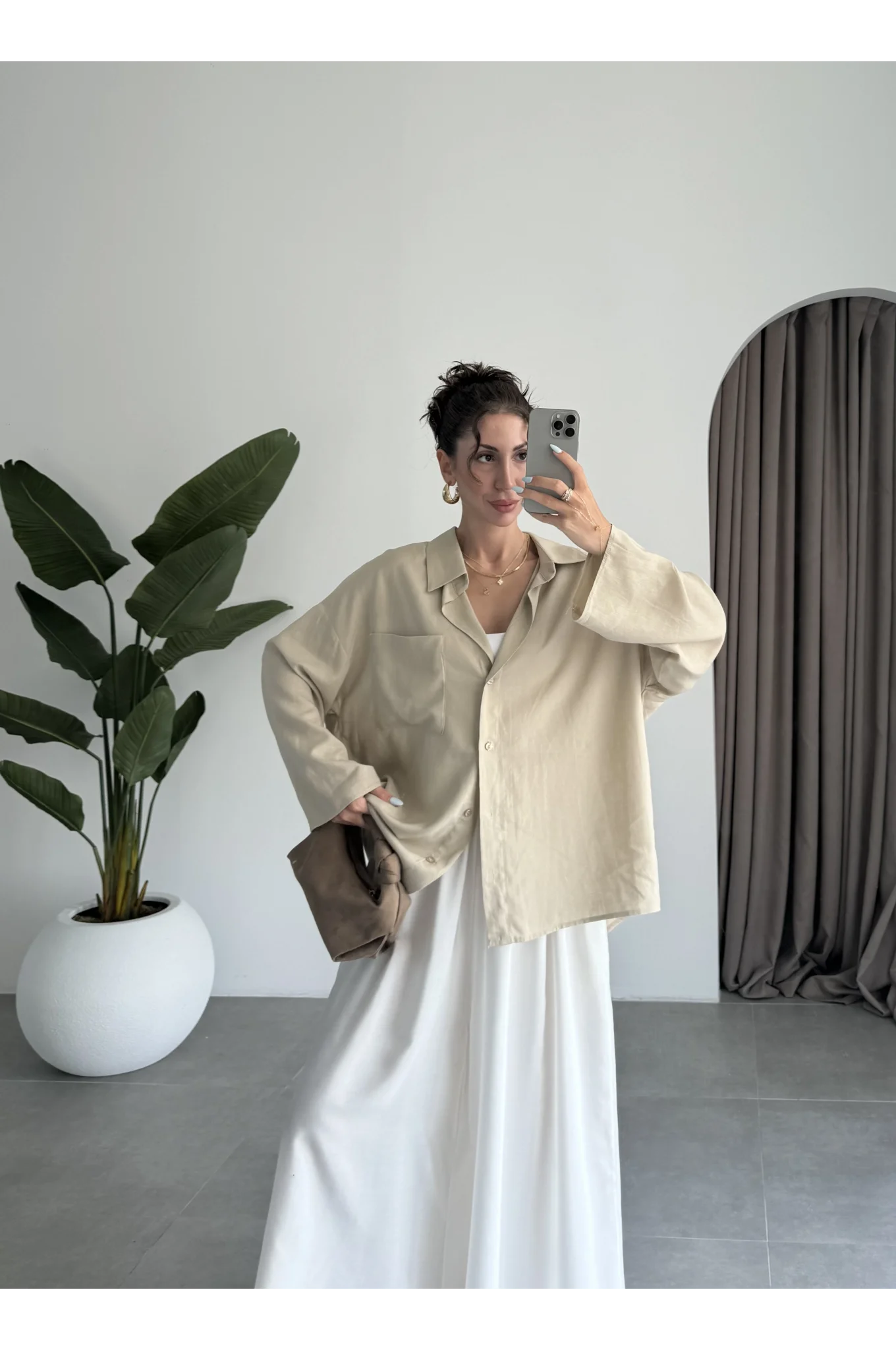 Tek Cepli Keten Oversize Taş Gömlek
