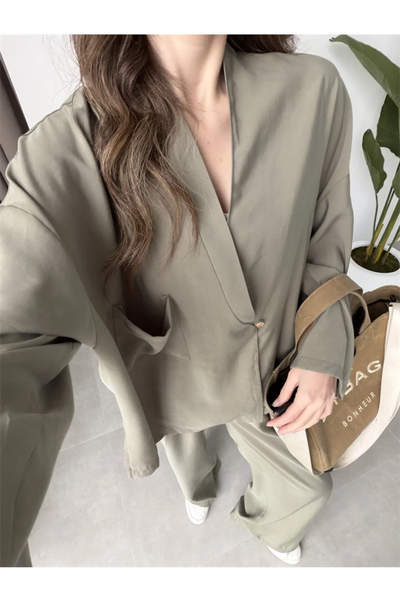 Tek Düğme Oversize Tensel Haki Takım