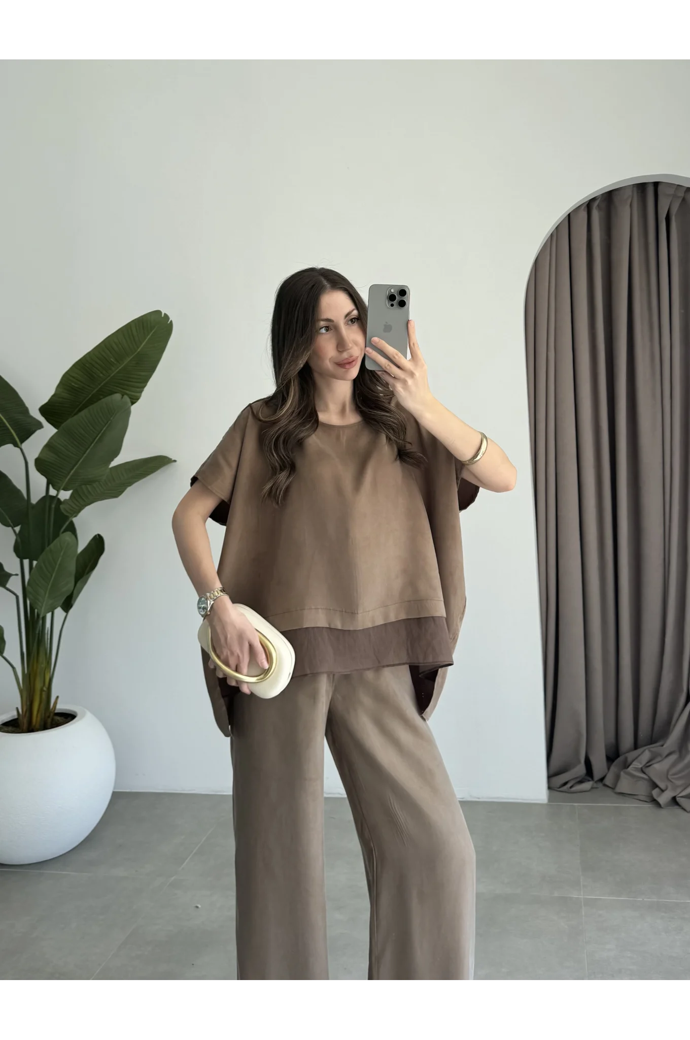 Tül Detaylı Bronz Bluz Takım