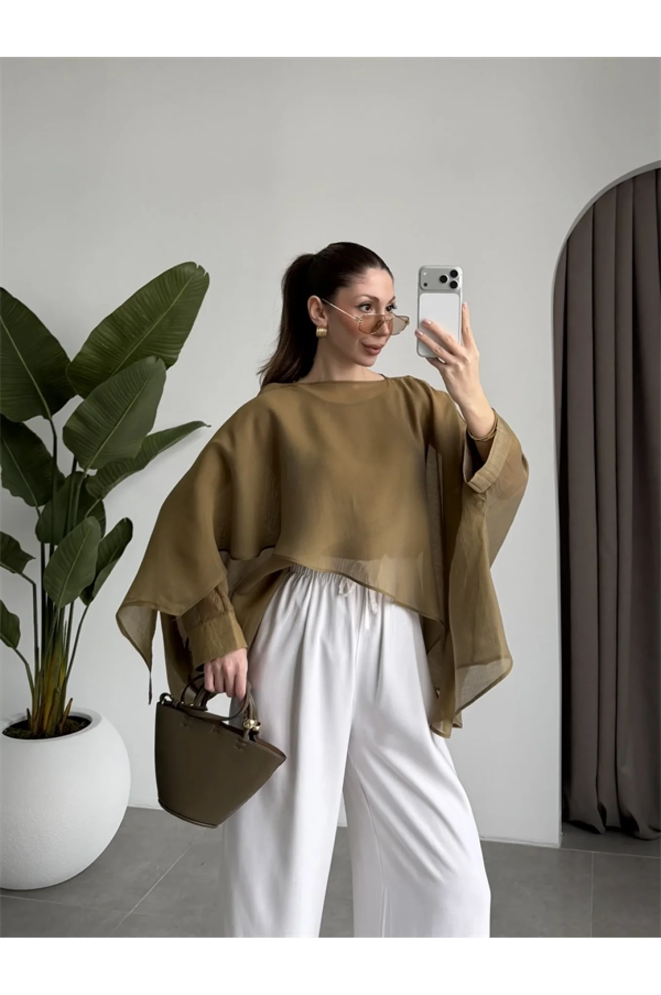 Uçuşan Pelerin Olive Tül Bluz