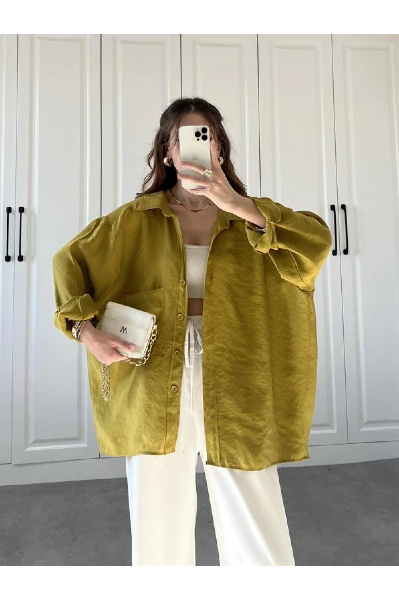 Yağ Yeşili Oversize Tensel Gömlek
