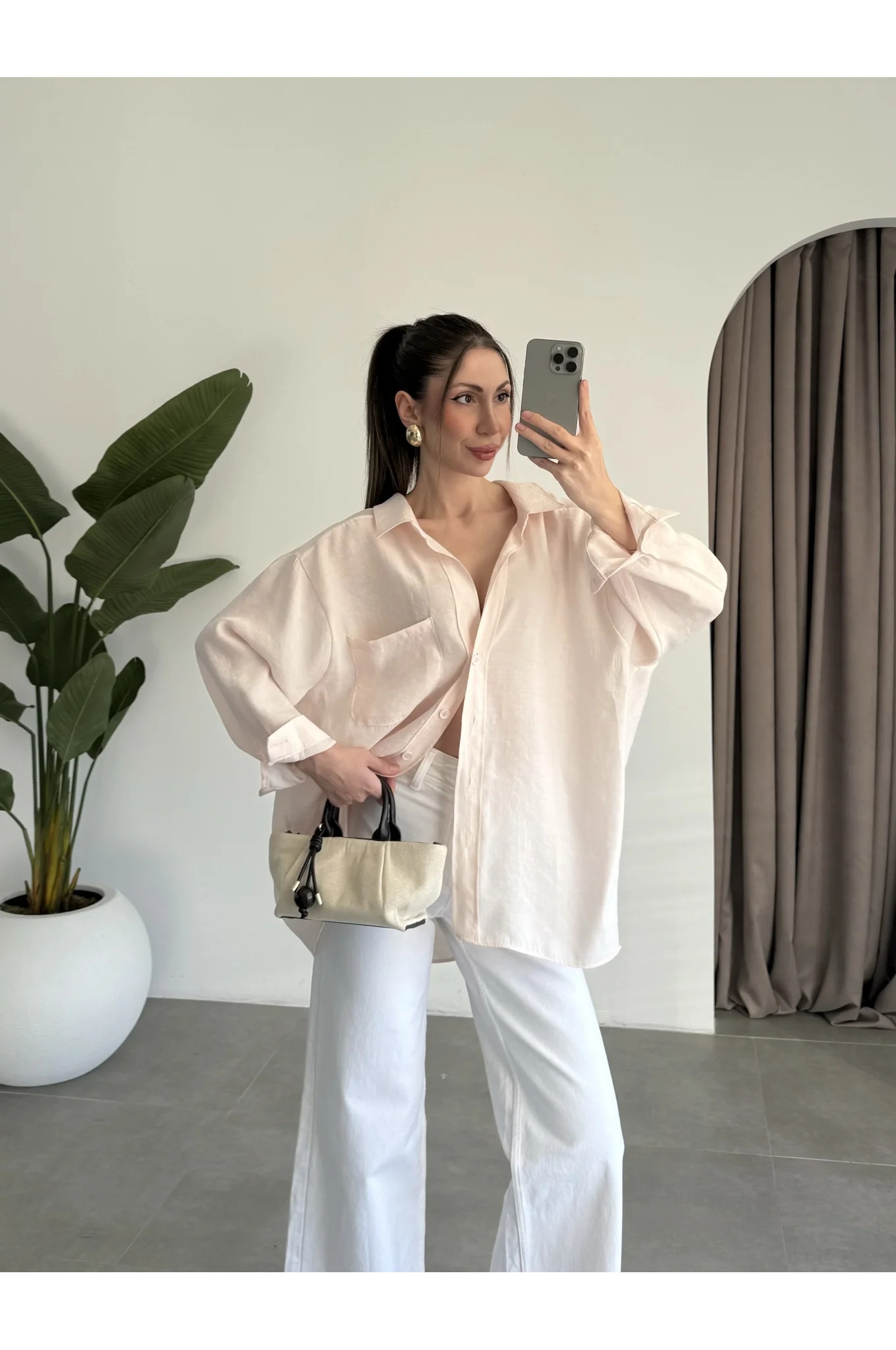 Yavruağzı Oversize Tensel Gömlek