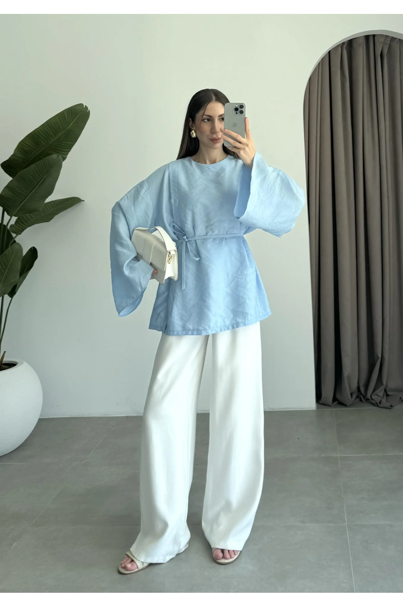 Yırtmaçlı Kuşaklı Tensel Bebe Mavi Tunik