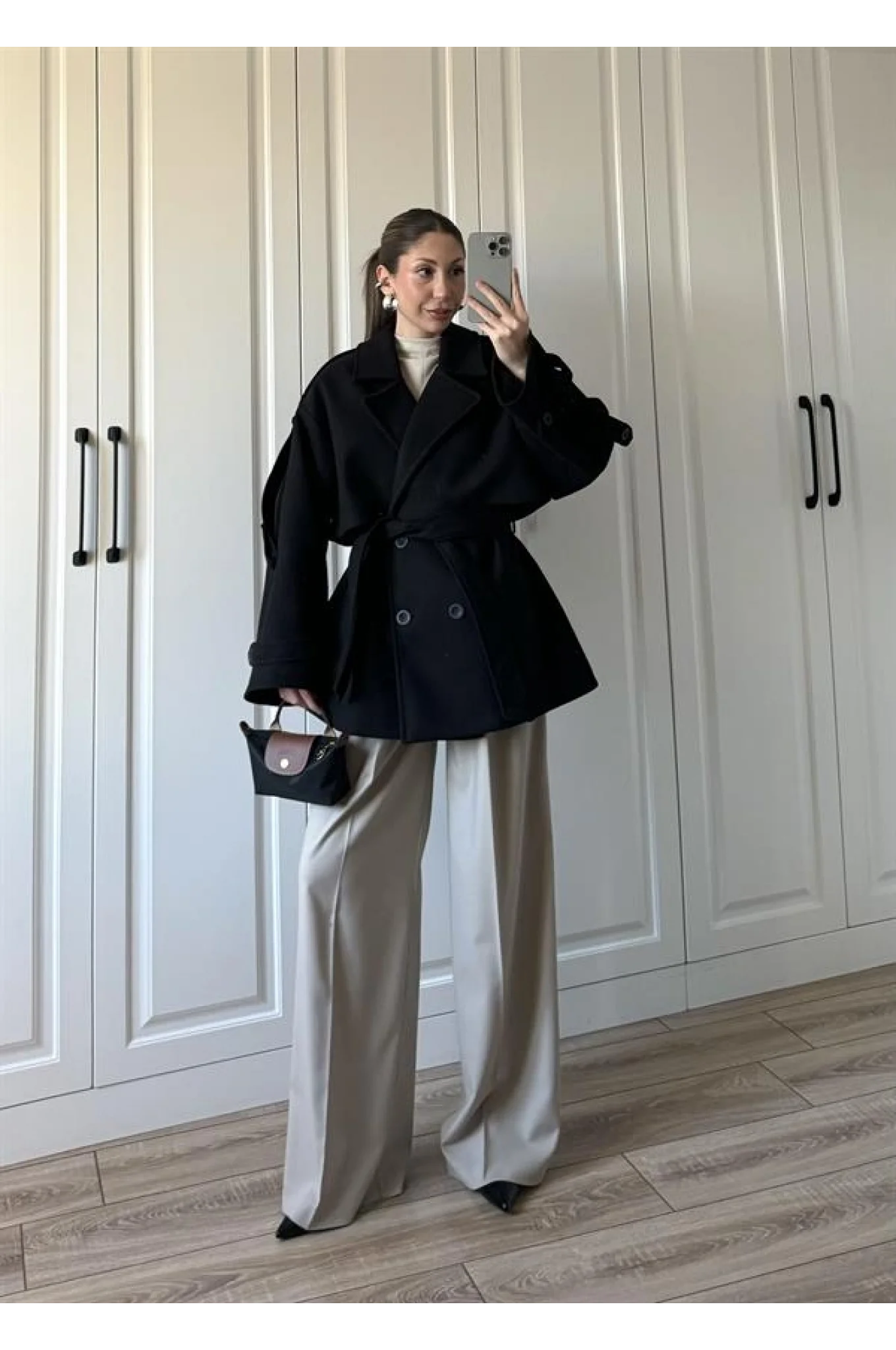 Zr Model Rose Oversize Siyah Kaşe Kaban