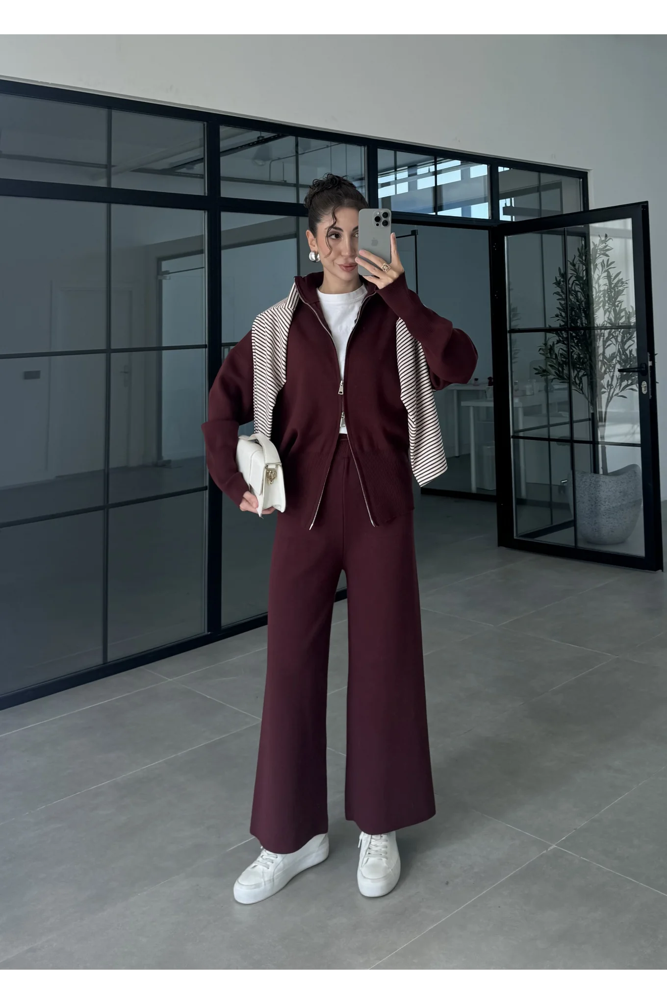 Zurih Çift Fermuarlı Bordo Triko Takım