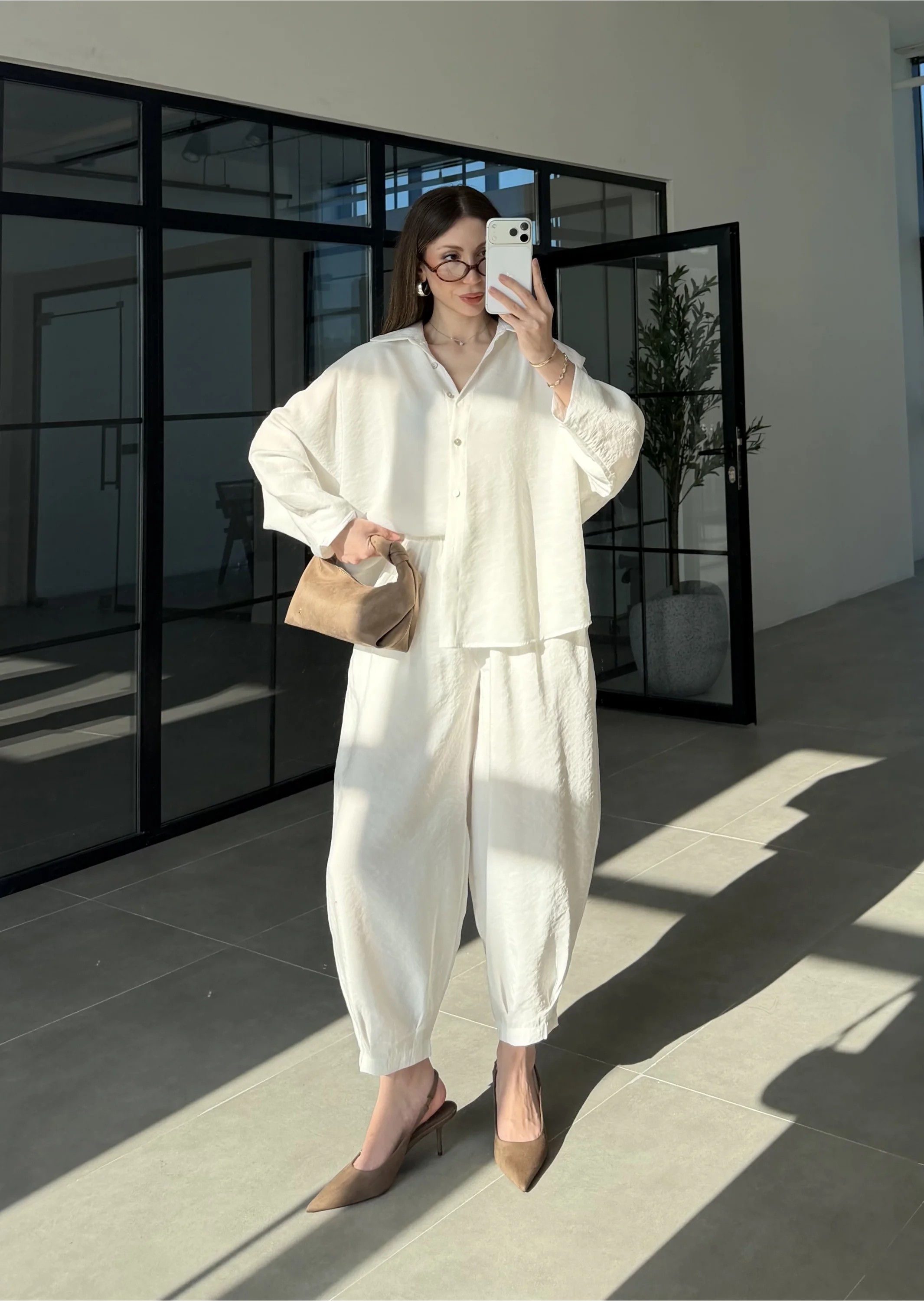 Tensel Oversize Beyaz Şalvar Takım