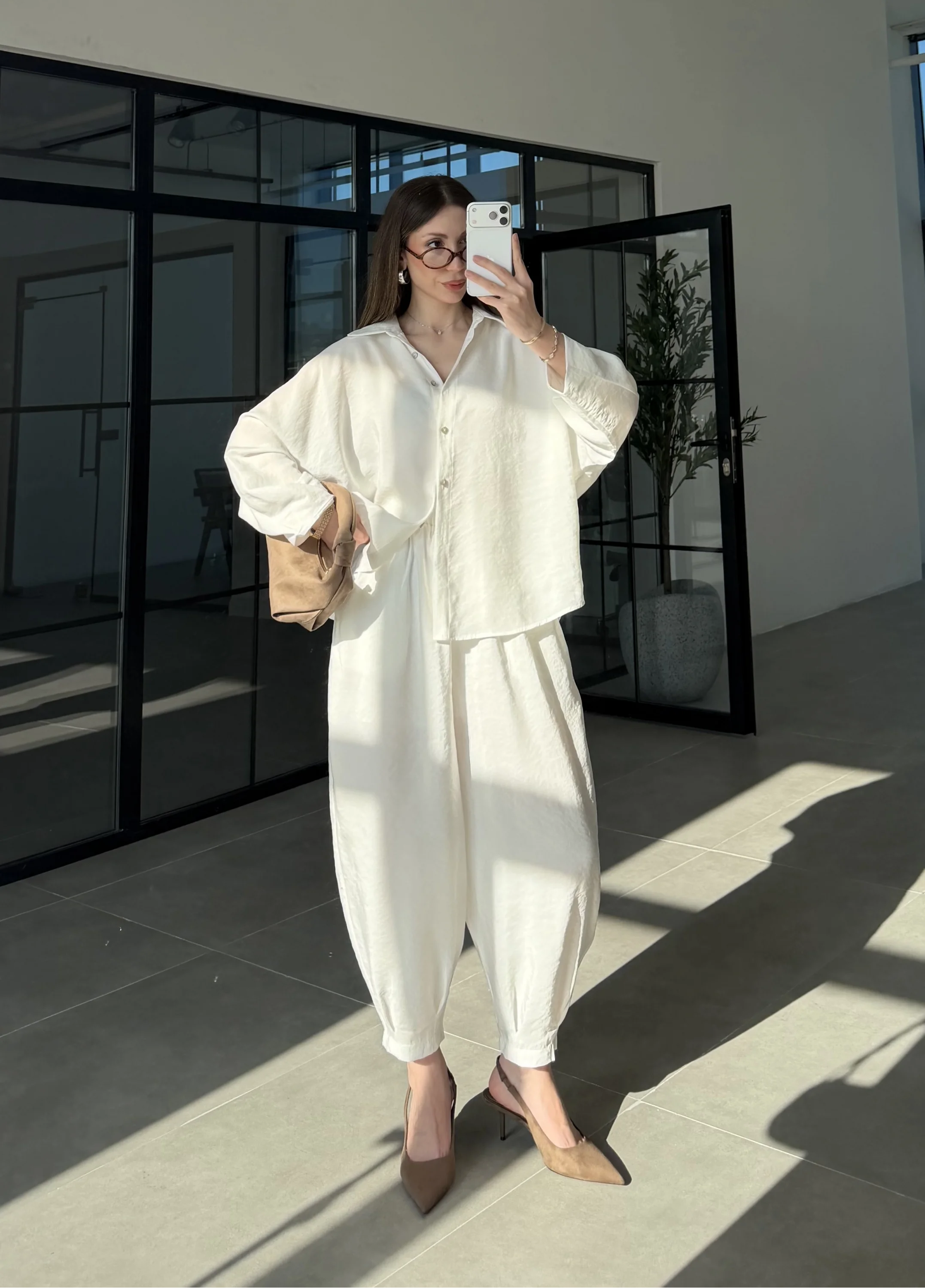 Tensel Oversize Beyaz Şalvar Takım