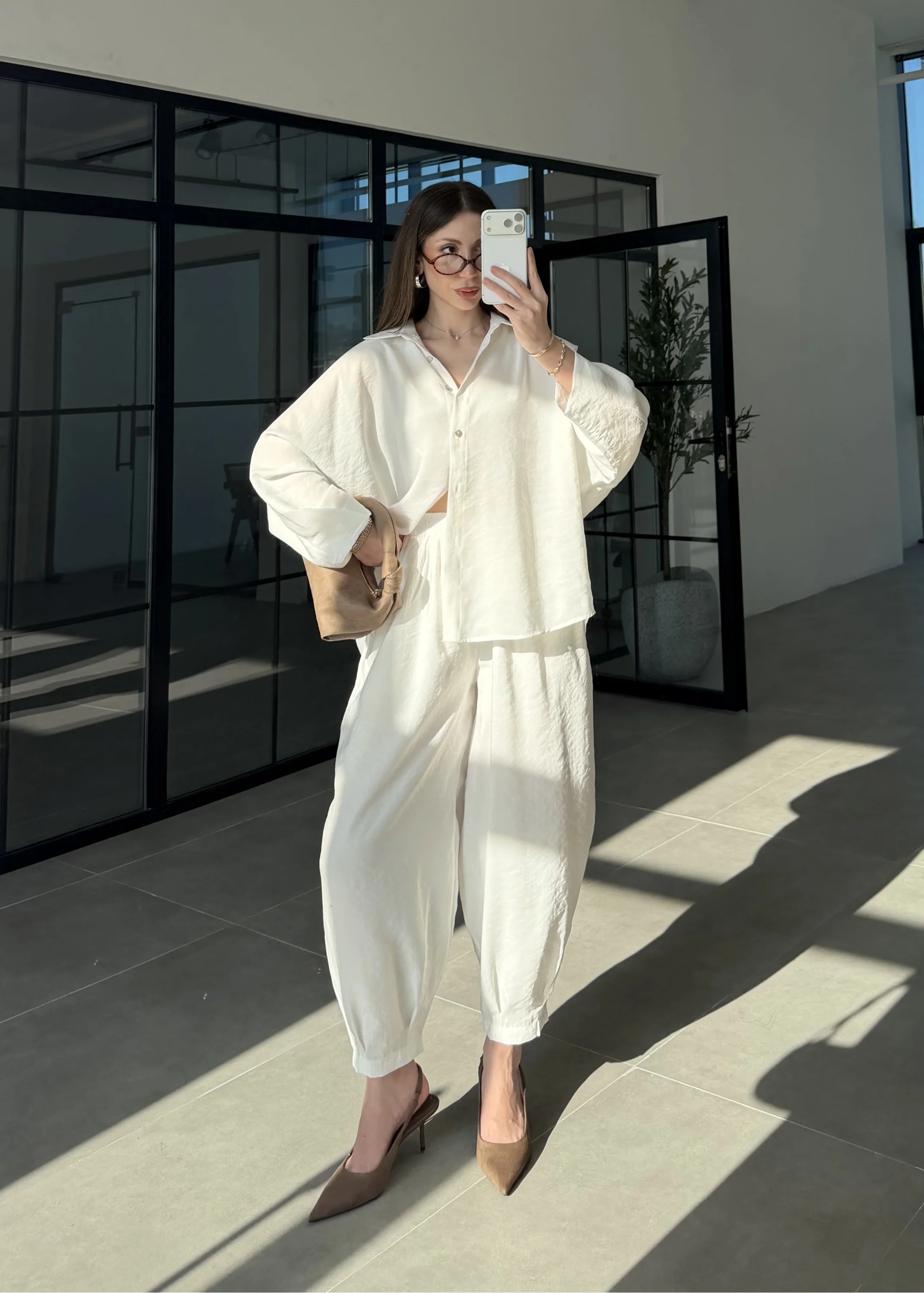 Tensel Oversize Beyaz Şalvar Takım