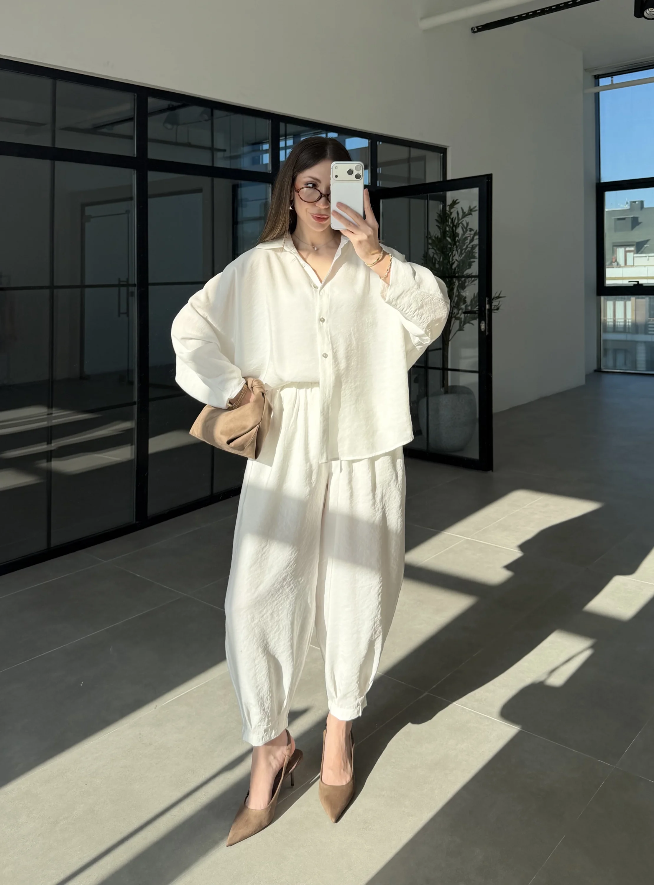 Tensel Oversize Beyaz Şalvar Takım