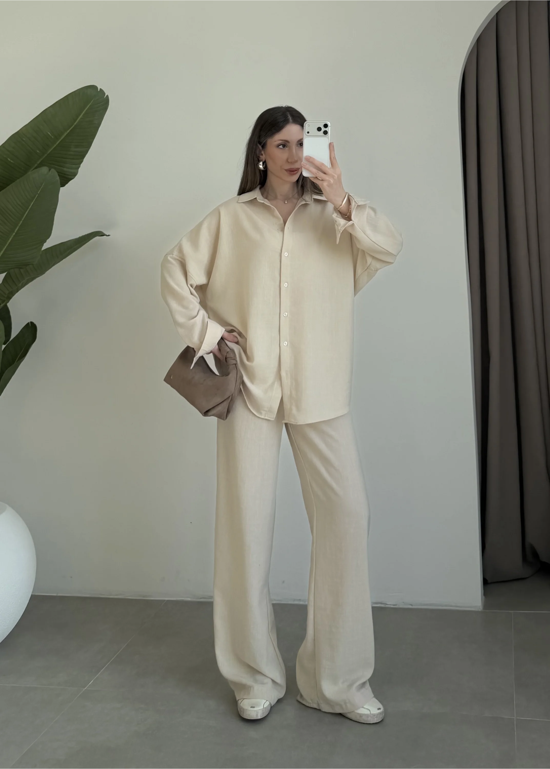 Keten Oversize Taş Gömlek Takım