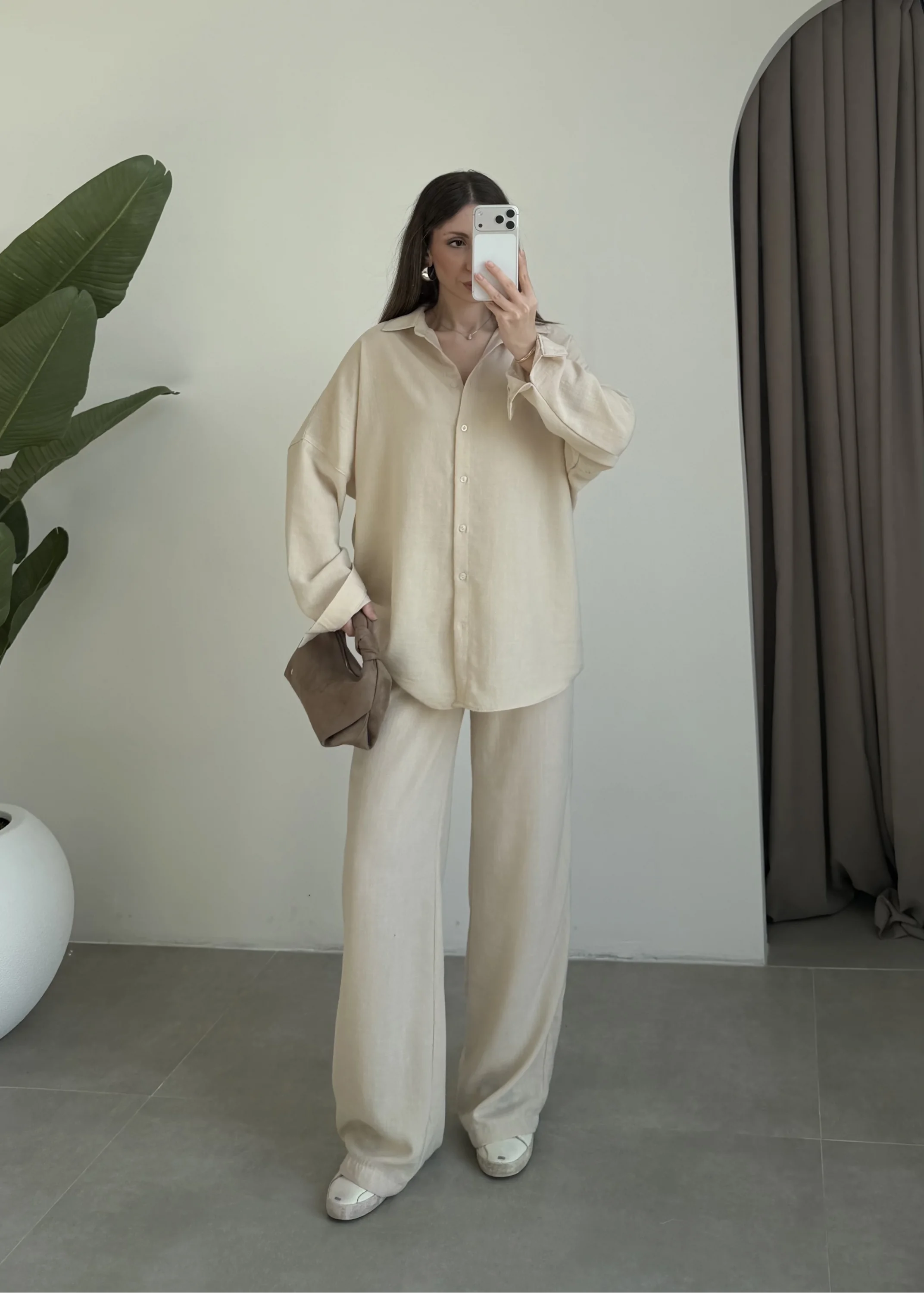 Keten Oversize Taş Gömlek Takım