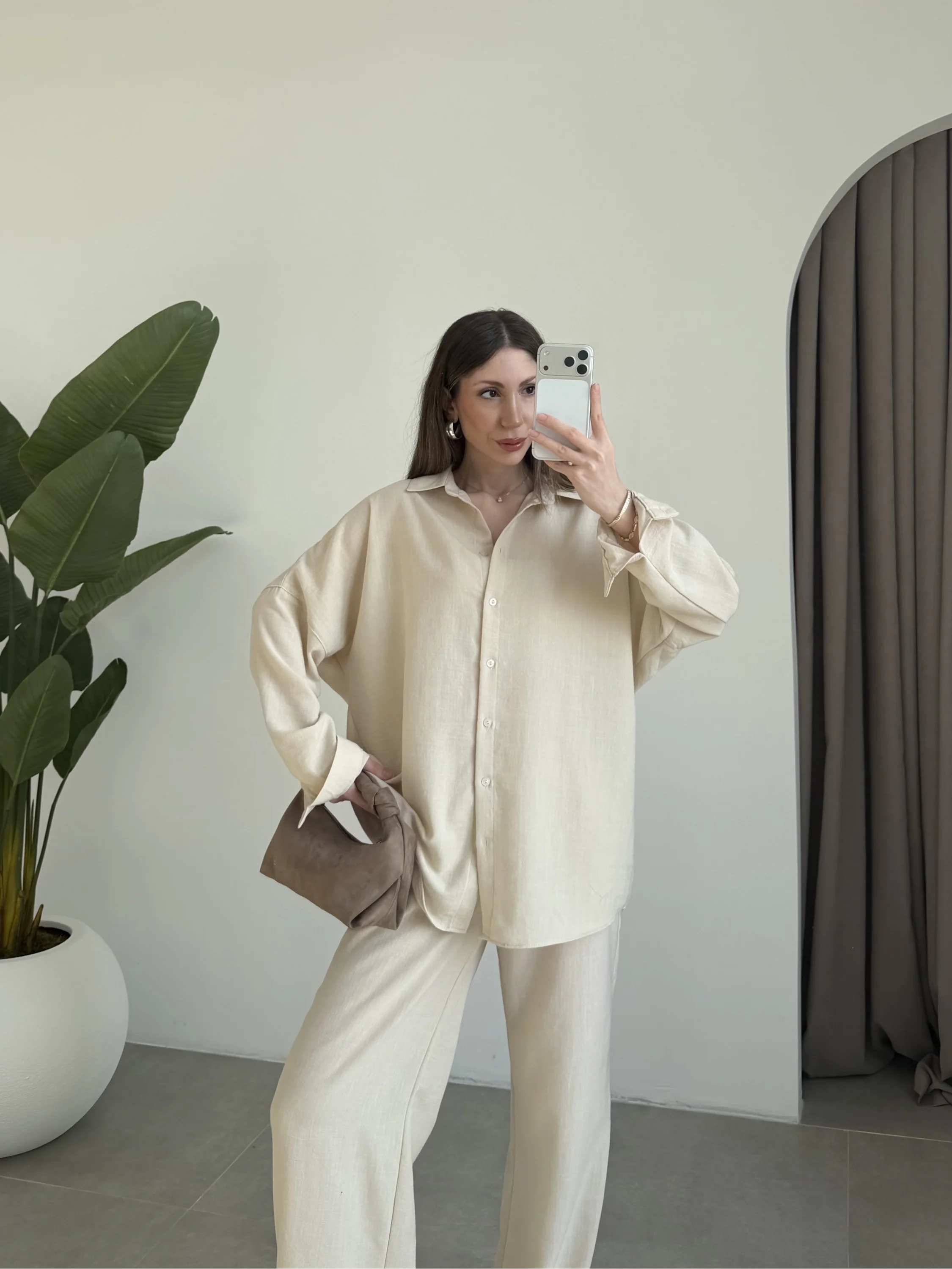 Keten Oversize Taş Gömlek Takım