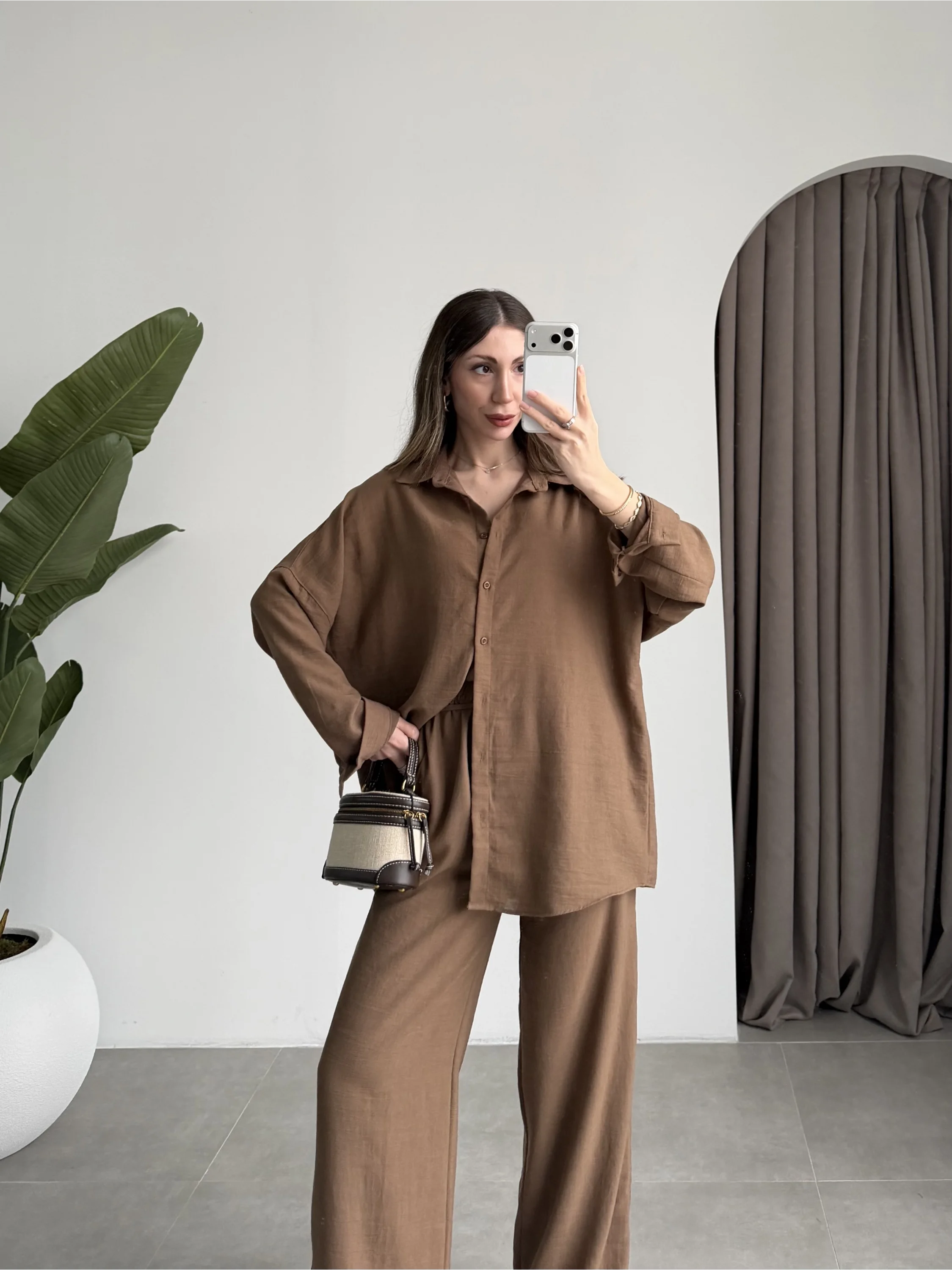 Keten Oversize Camel Gömlek Takım