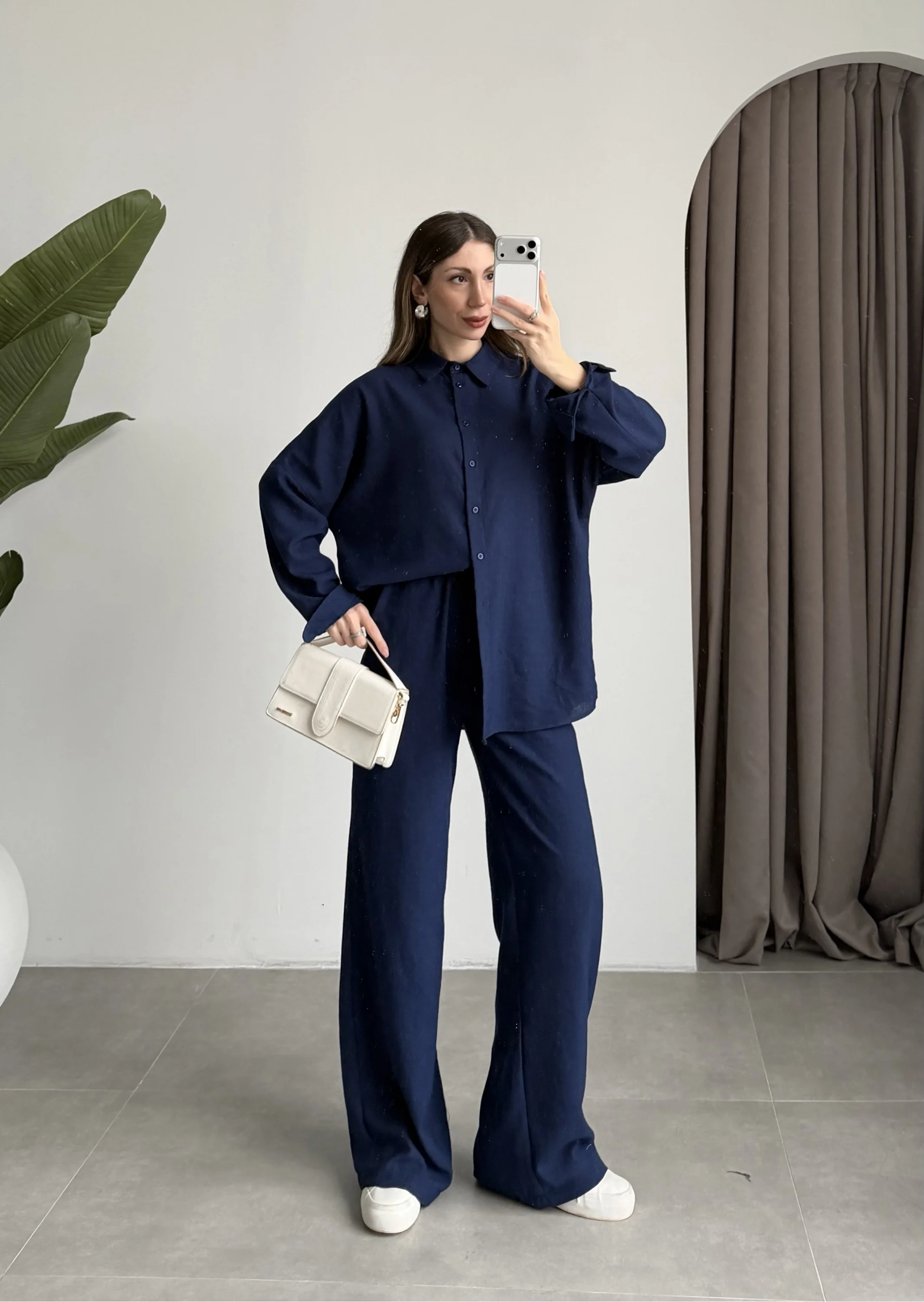 Keten Oversize Lacivert Gömlek Takım