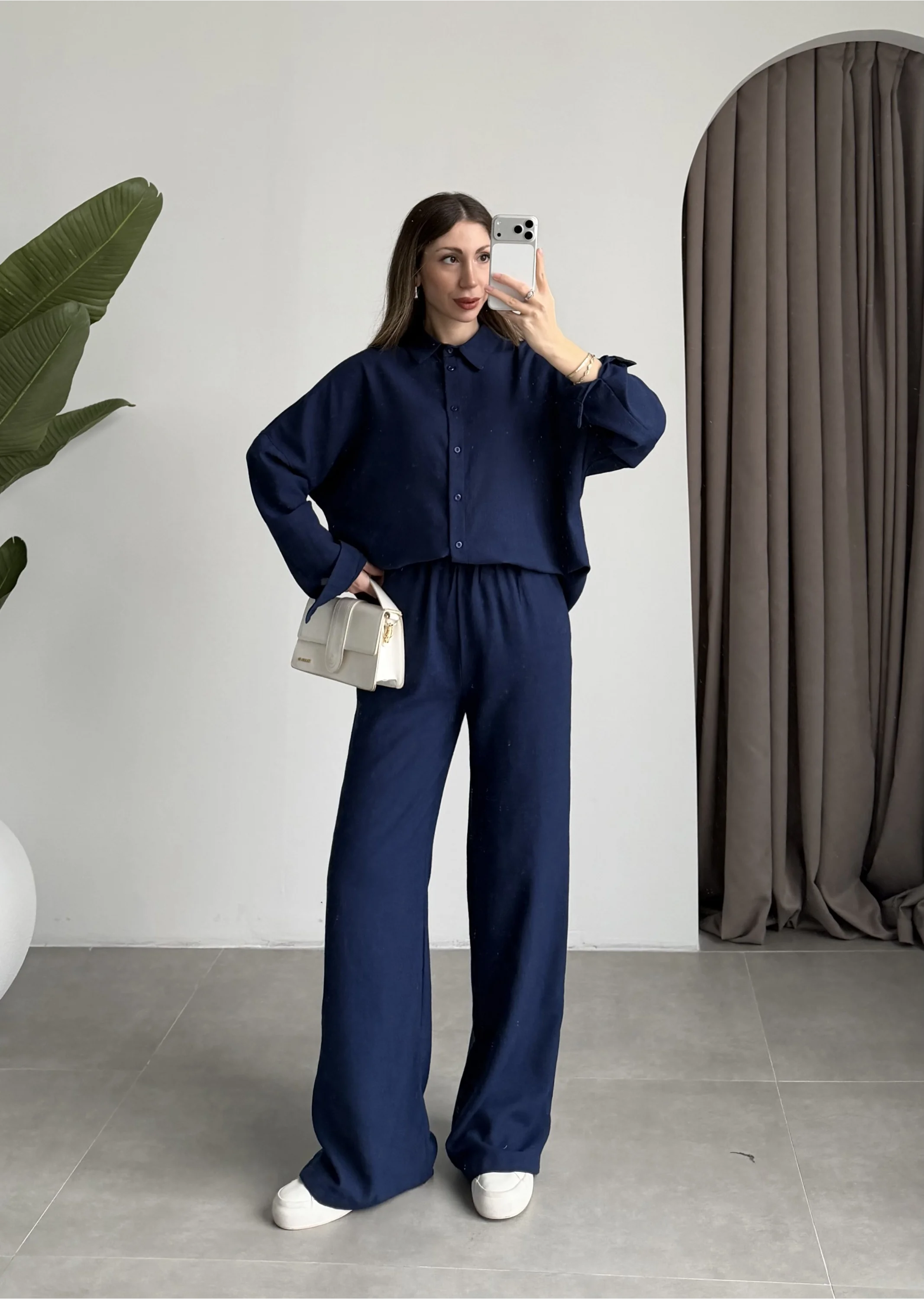 Keten Oversize Lacivert Gömlek Takım