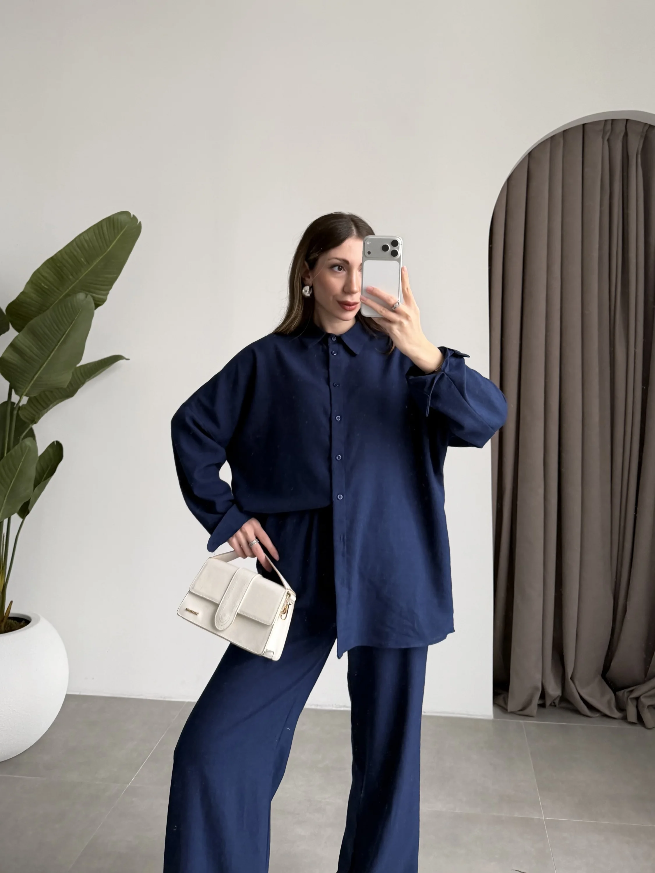 Keten Oversize Lacivert Gömlek Takım