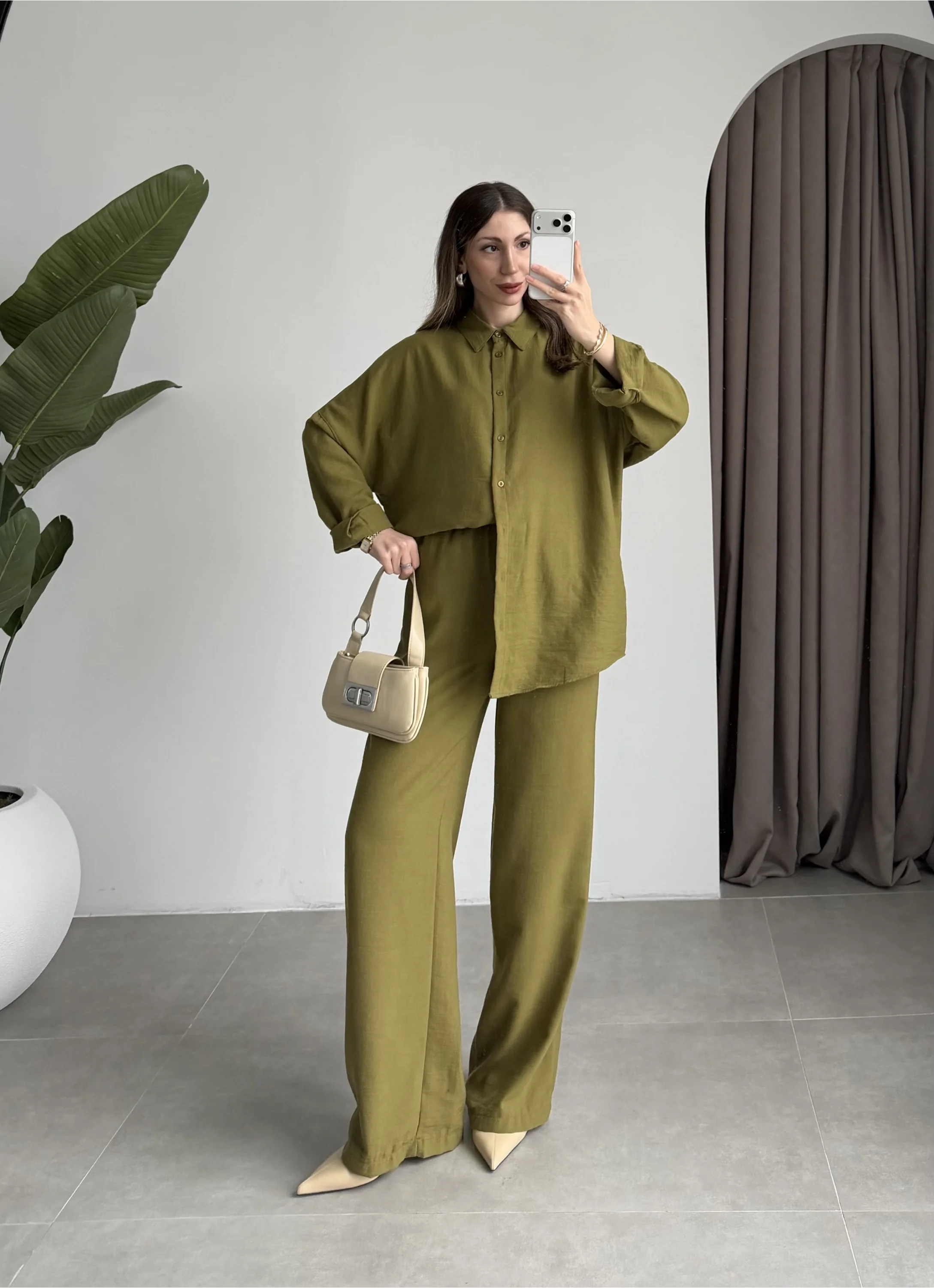 Keten Oversize Yağ Yeşili Gömlek Takım