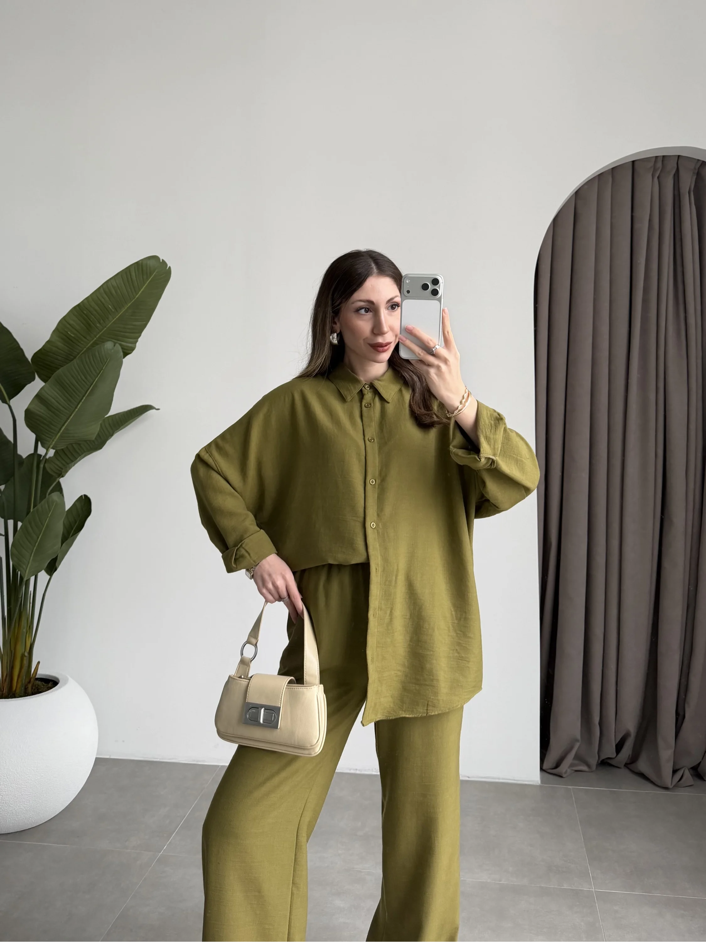 Keten Oversize Yağ Yeşili Gömlek Takım