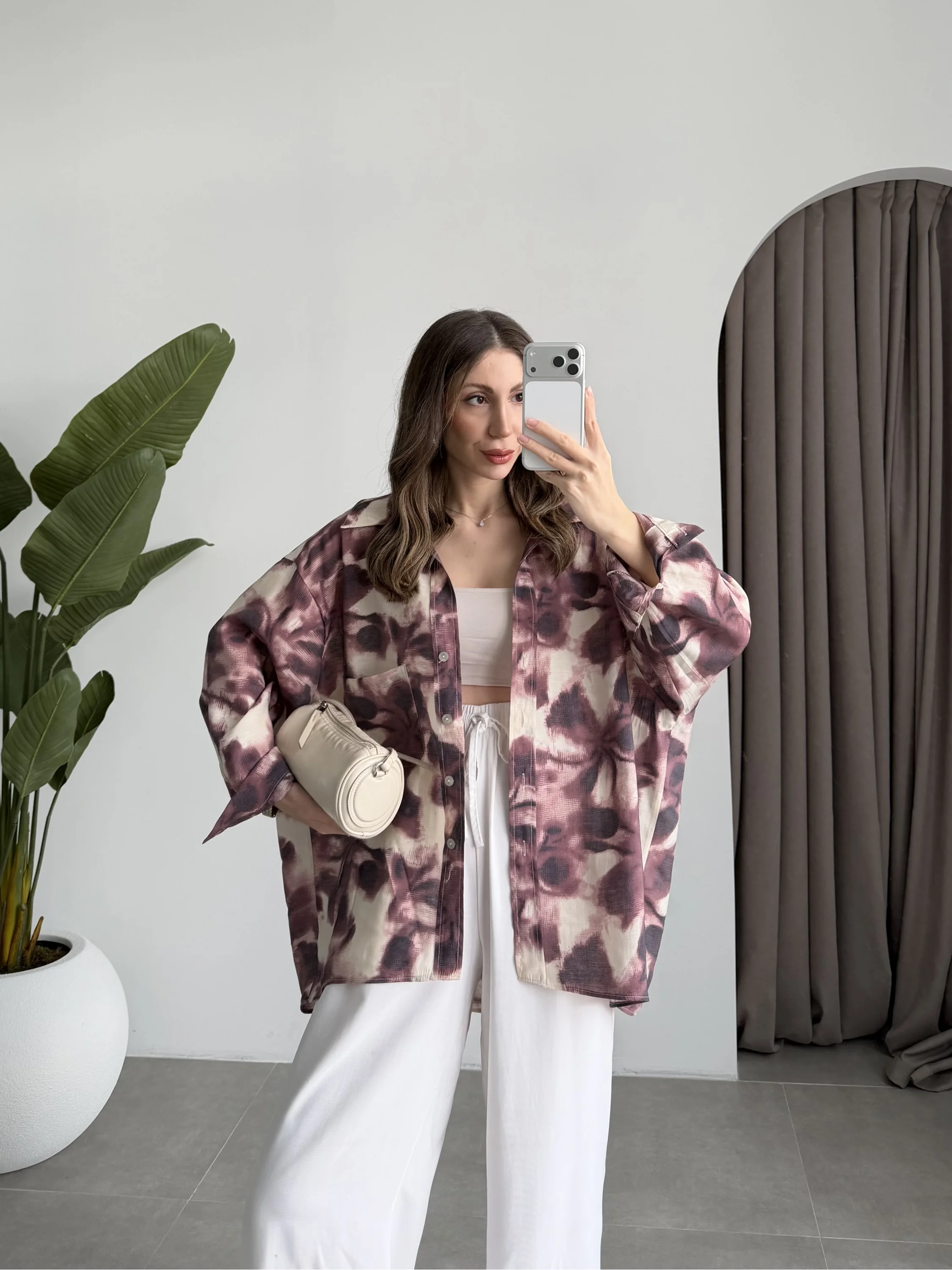 Oversize Bordo Tensel Empirme Gömlek