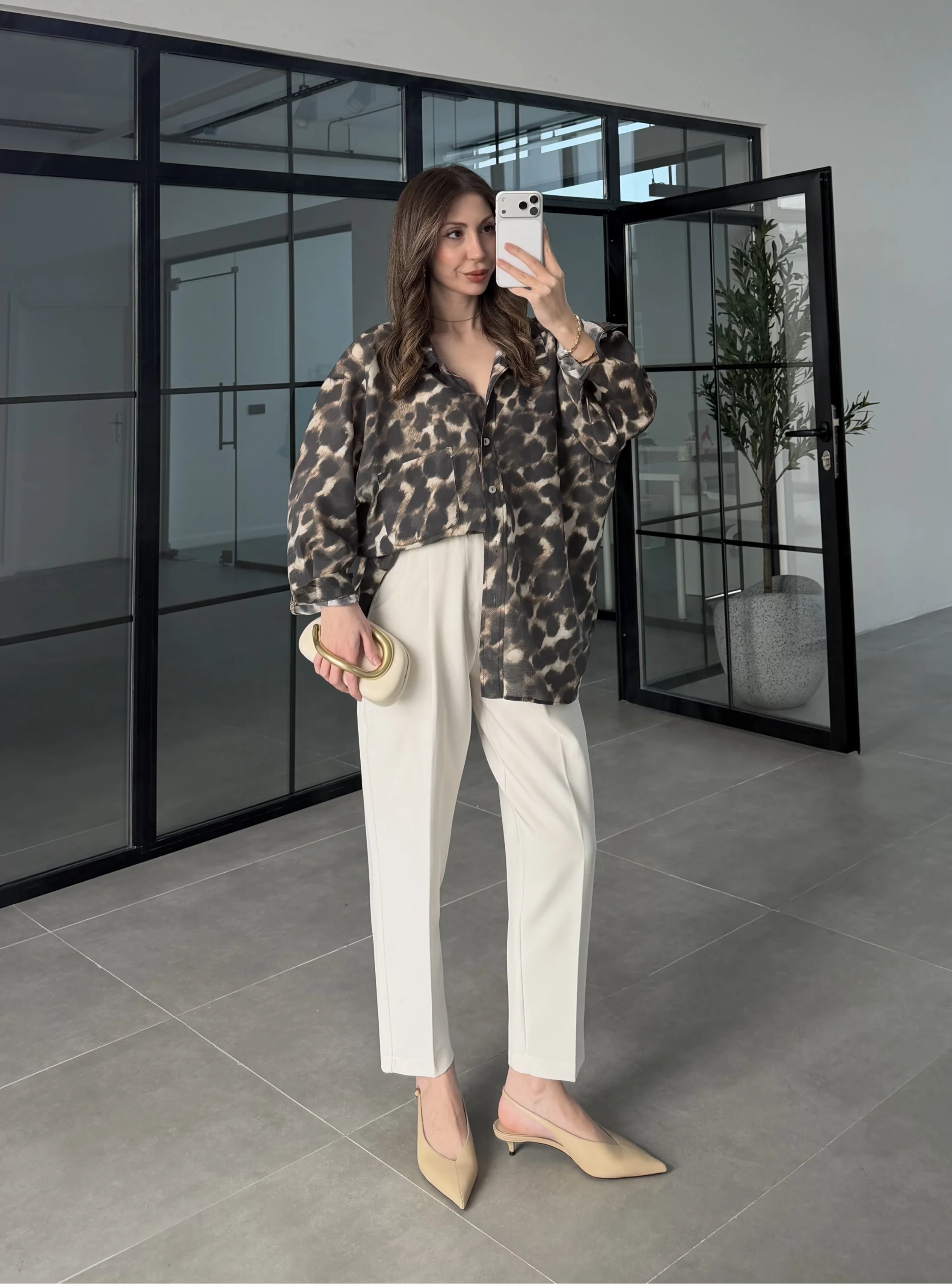 Leopar Desenli Oversize Tensel Gömlek