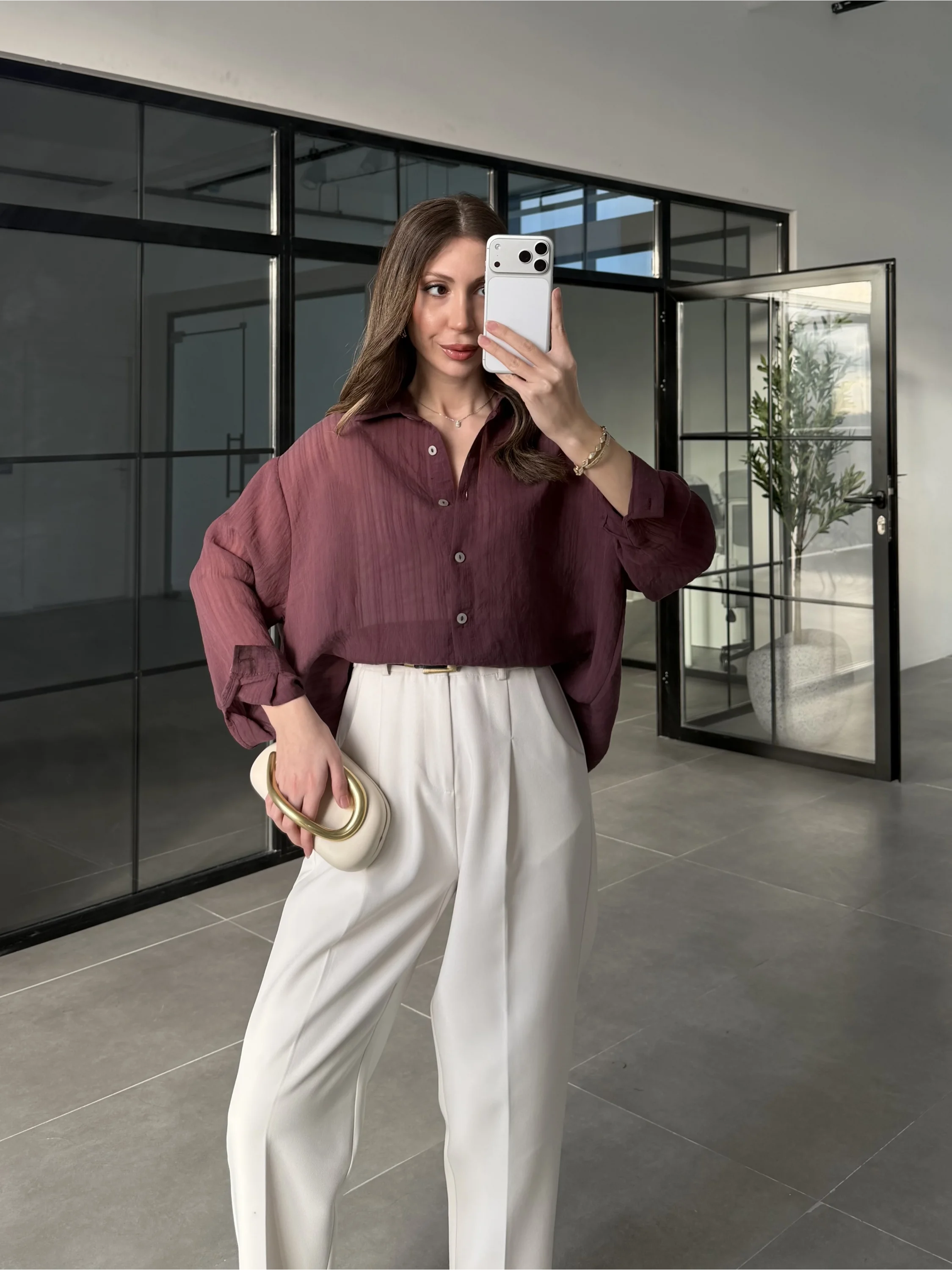 Oversize Transparan Mürdüm Gömlek