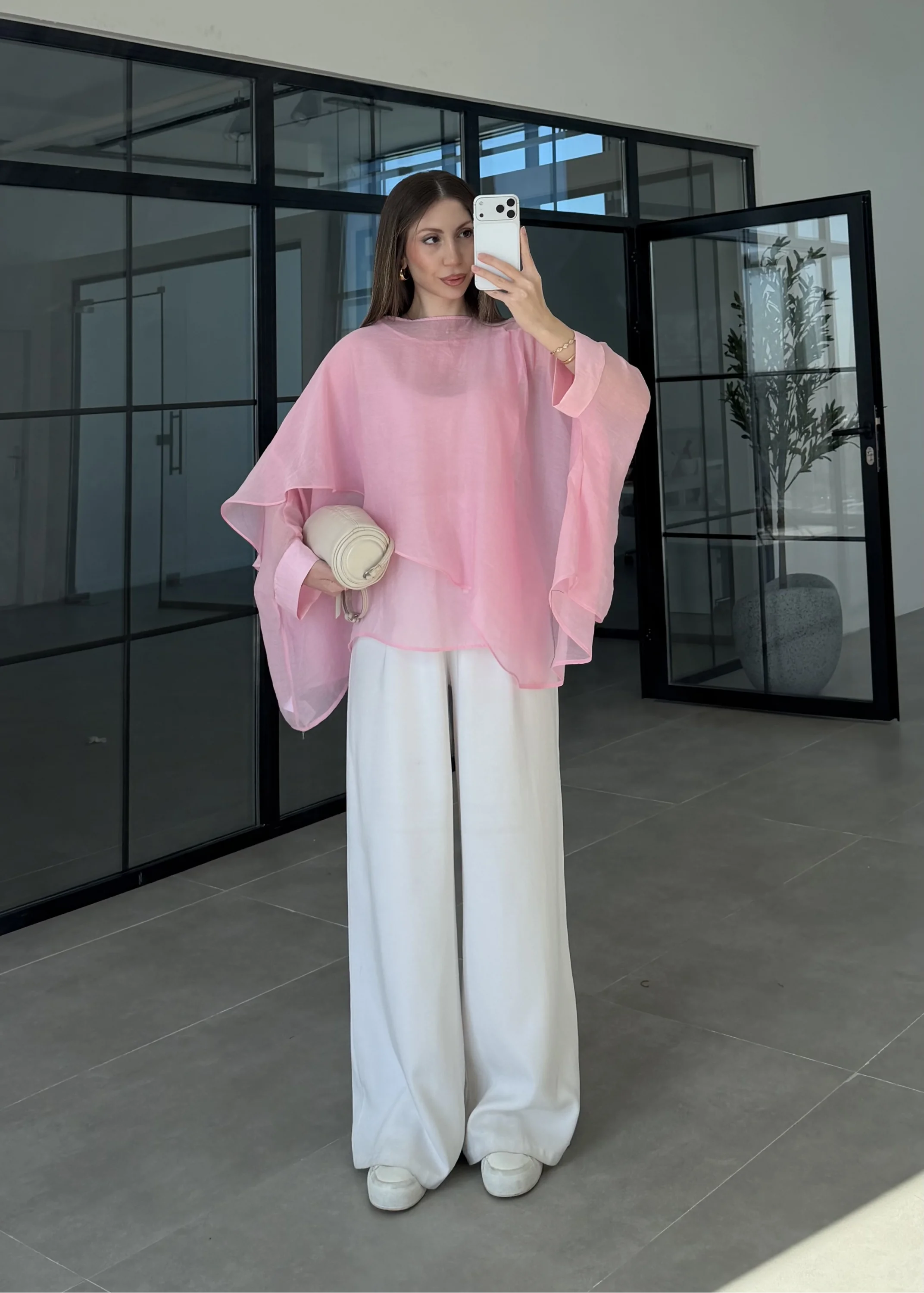 Uçuşan Pelerin Pembe Tül Bluz