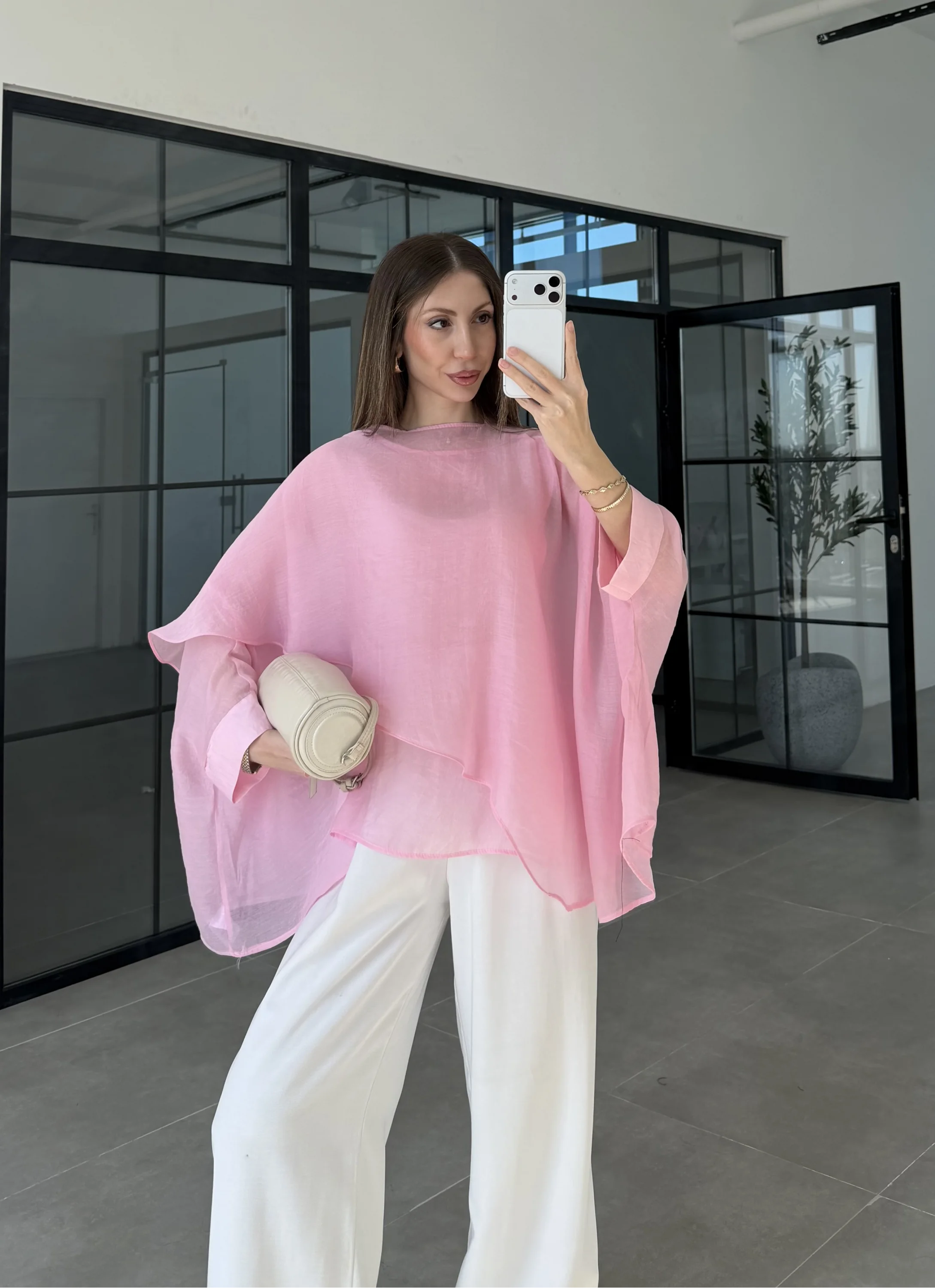 Uçuşan Pelerin Pembe Tül Bluz