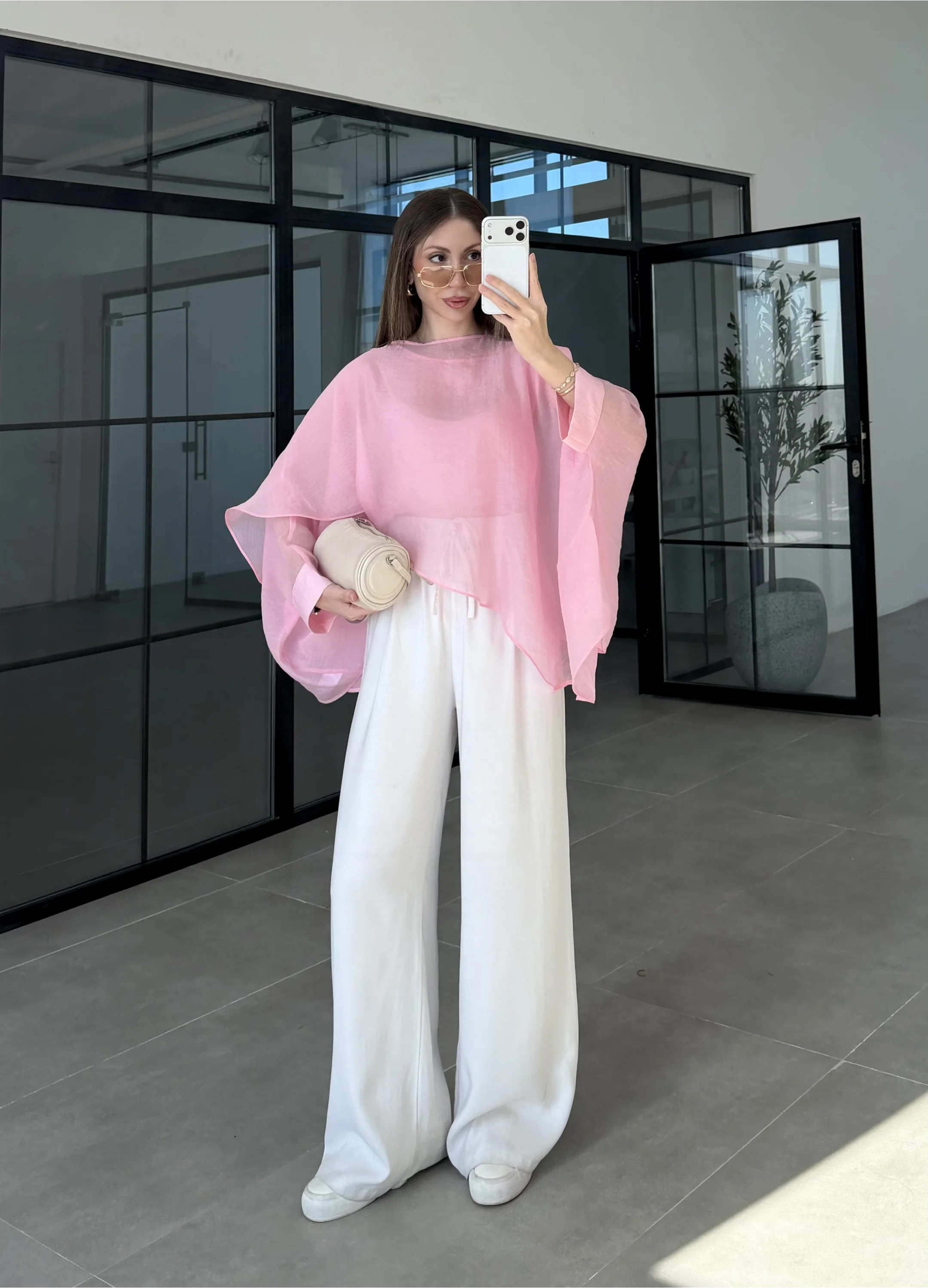 Uçuşan Pelerin Pembe Tül Bluz