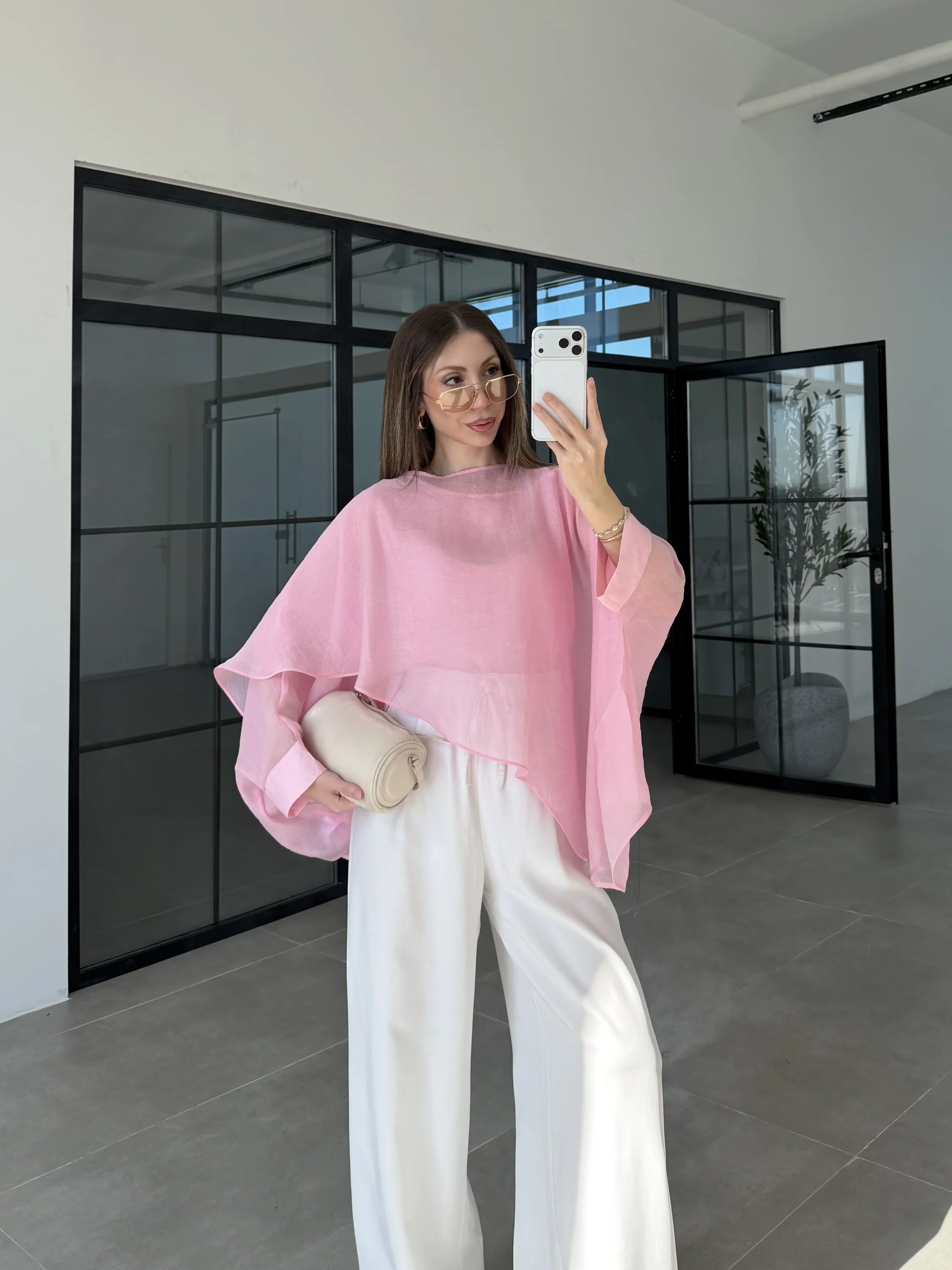 Uçuşan Pelerin Pembe Tül Bluz