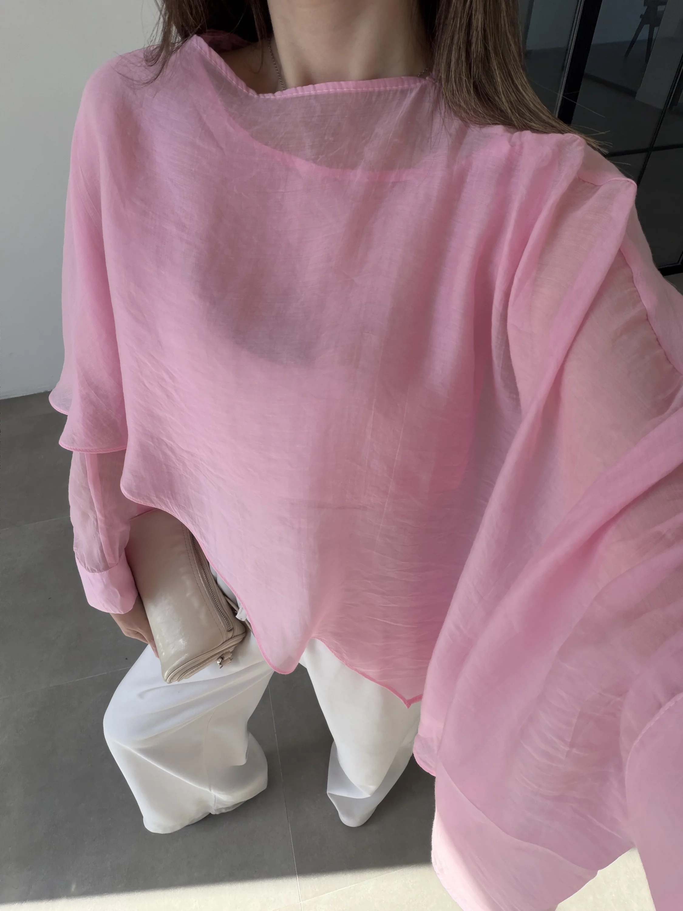 Uçuşan Pelerin Pembe Tül Bluz