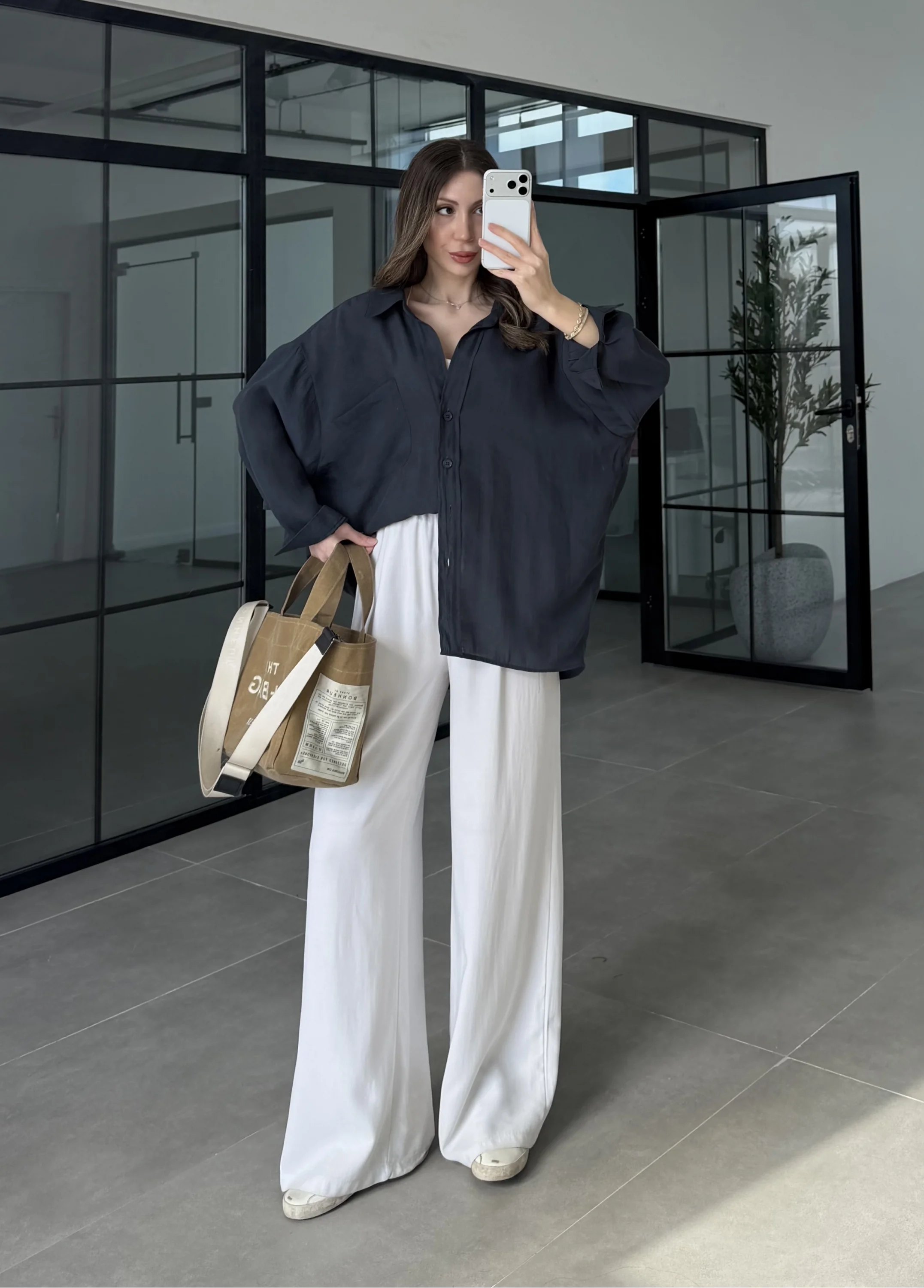 Oversize Tensel Vintage Lacivert Gömlek