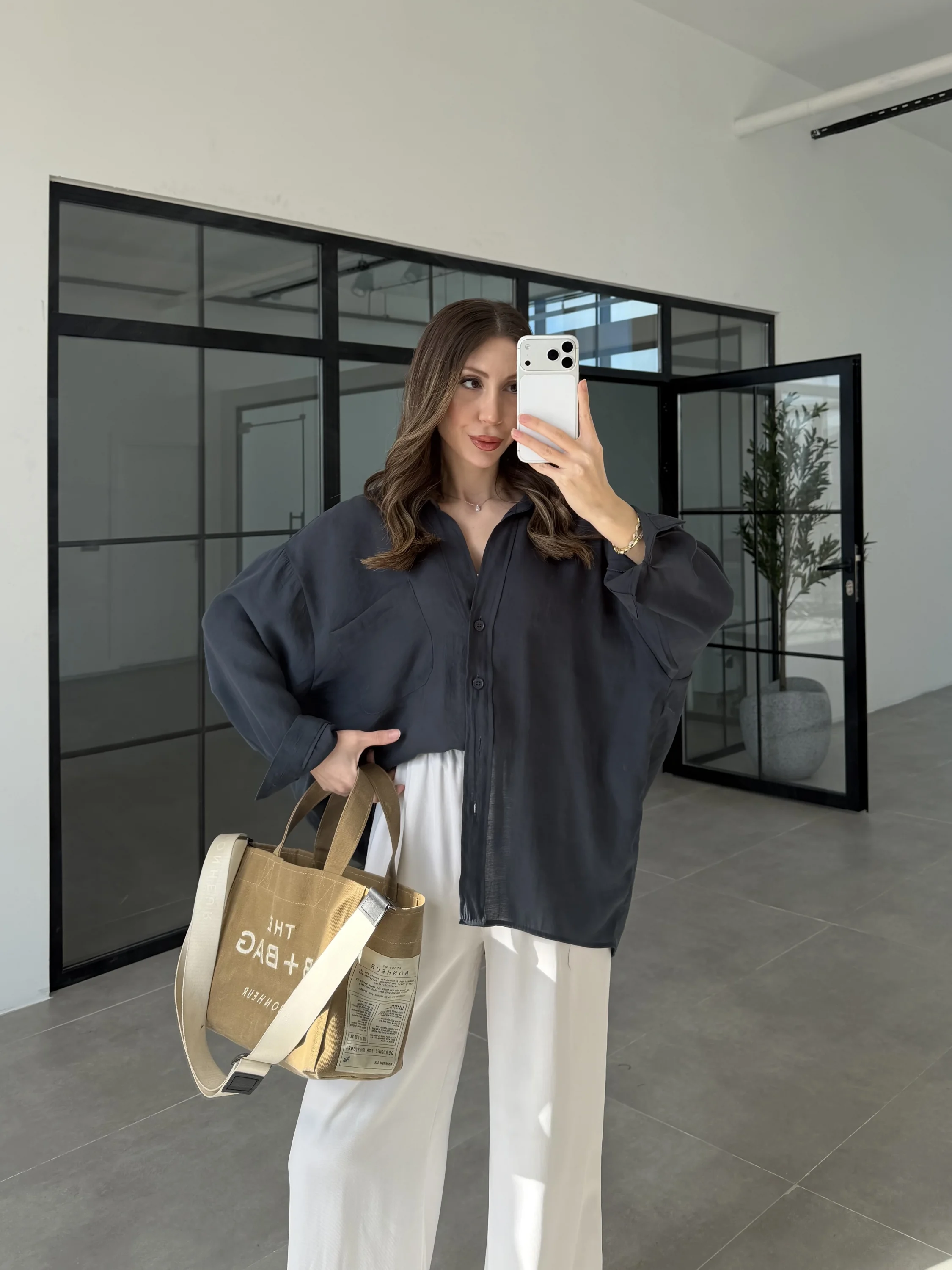Oversize Tensel Vintage Lacivert Gömlek