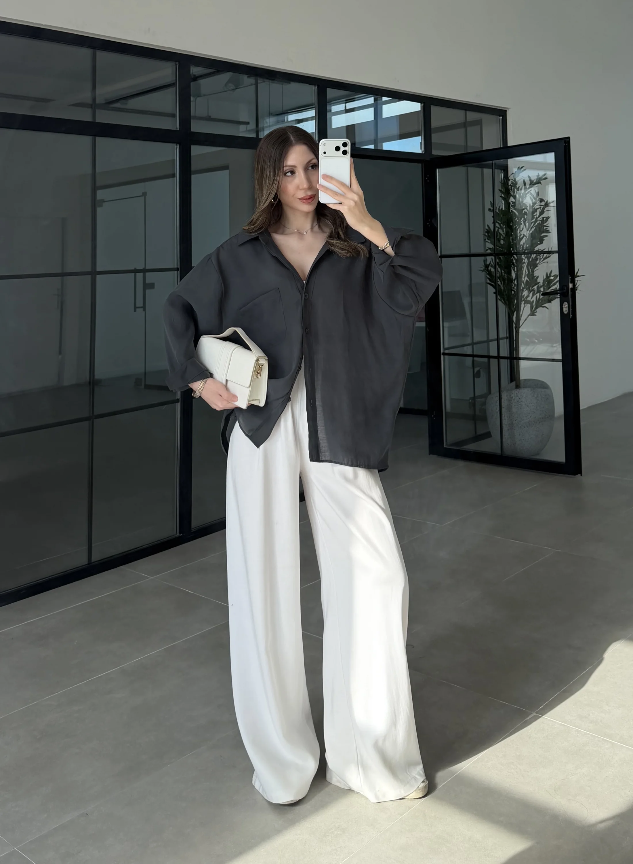 Oversize Tensel Vintage Antrasit Gömlek