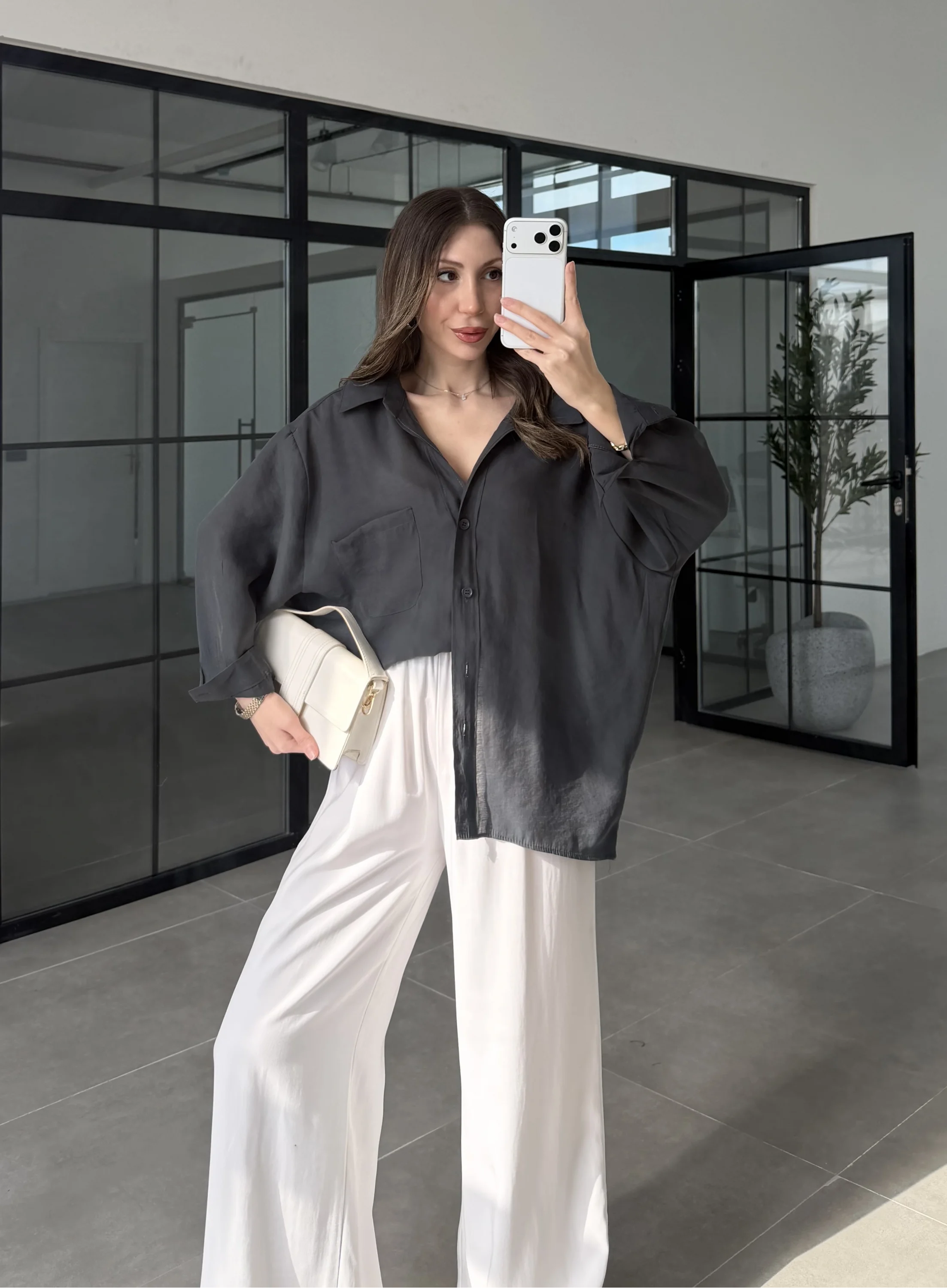 Oversize Tensel Vintage Antrasit Gömlek
