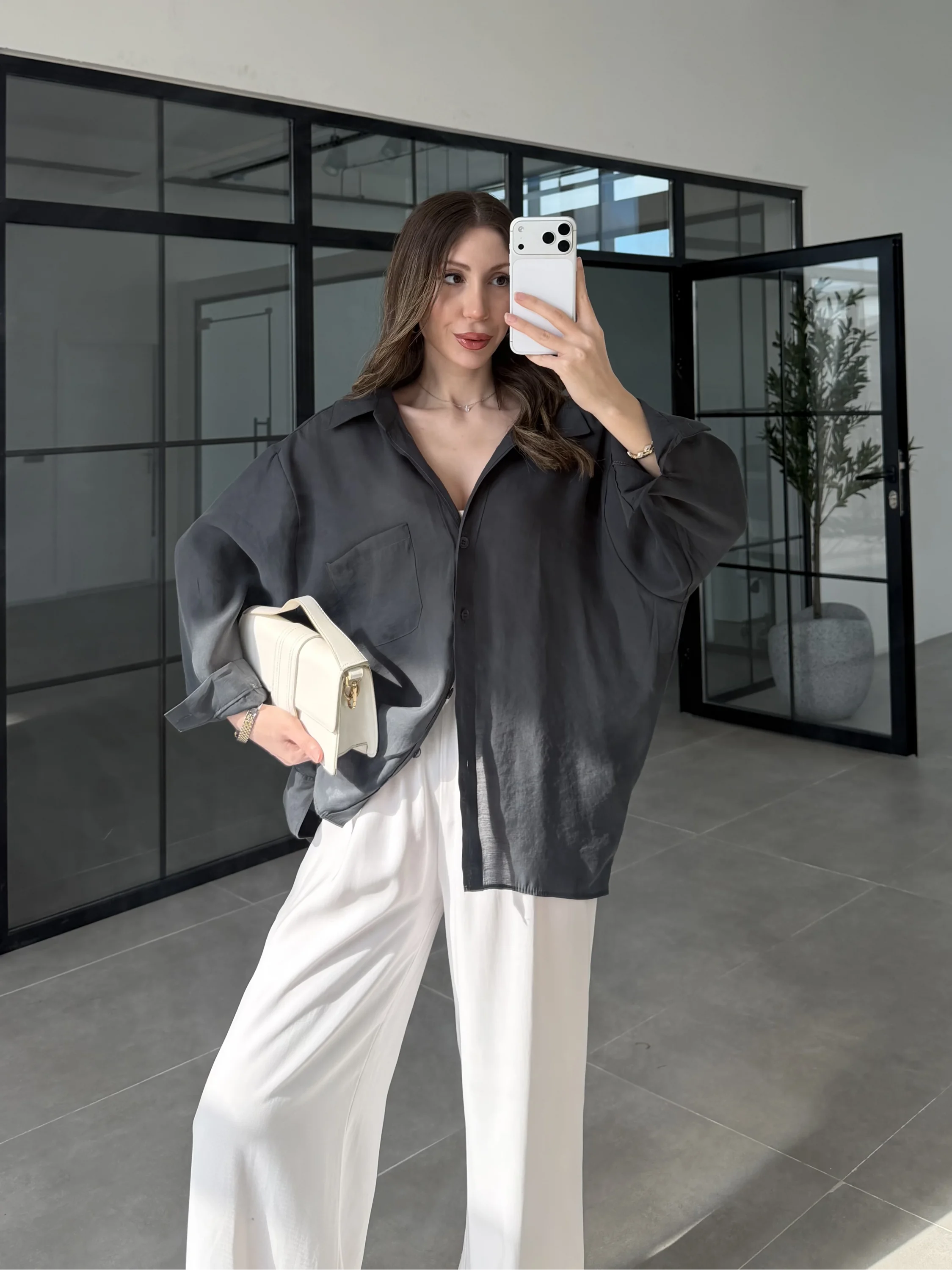 Oversize Tensel Vintage Antrasit Gömlek