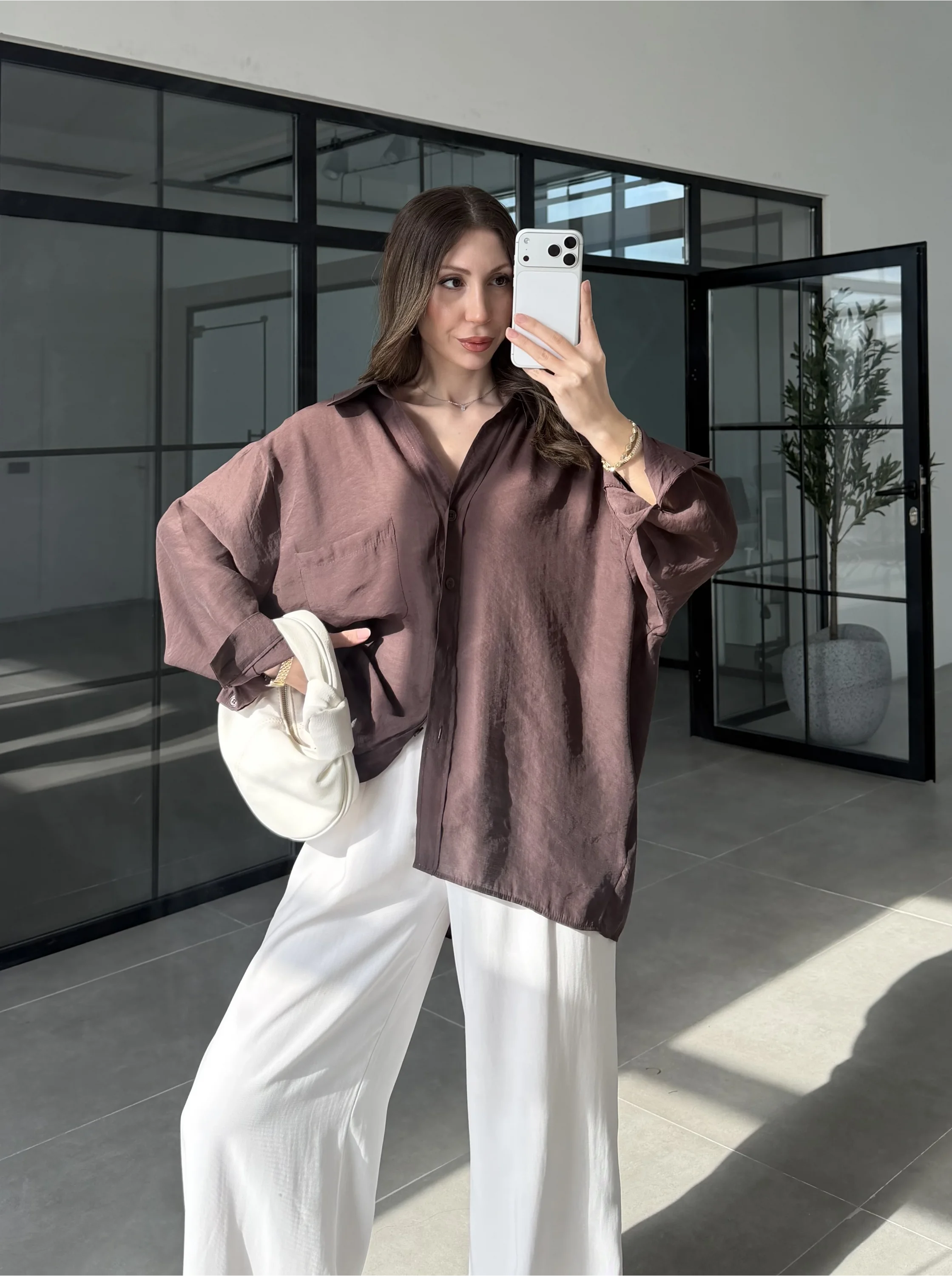 Oversize Tensel Vintage Kahve Gömlek