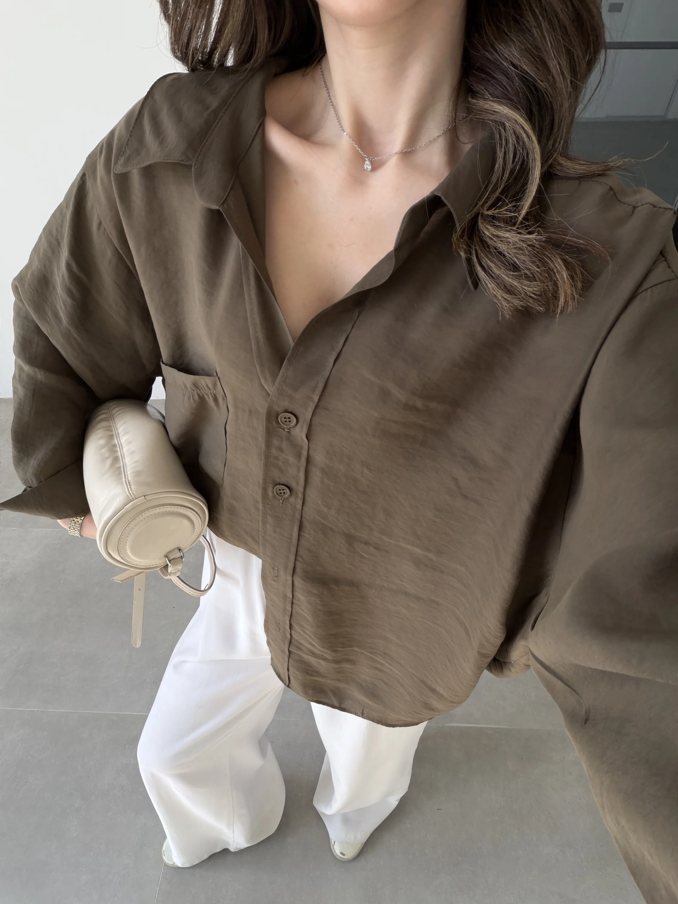 Oversize Tensel Vintage Haki Gömlek