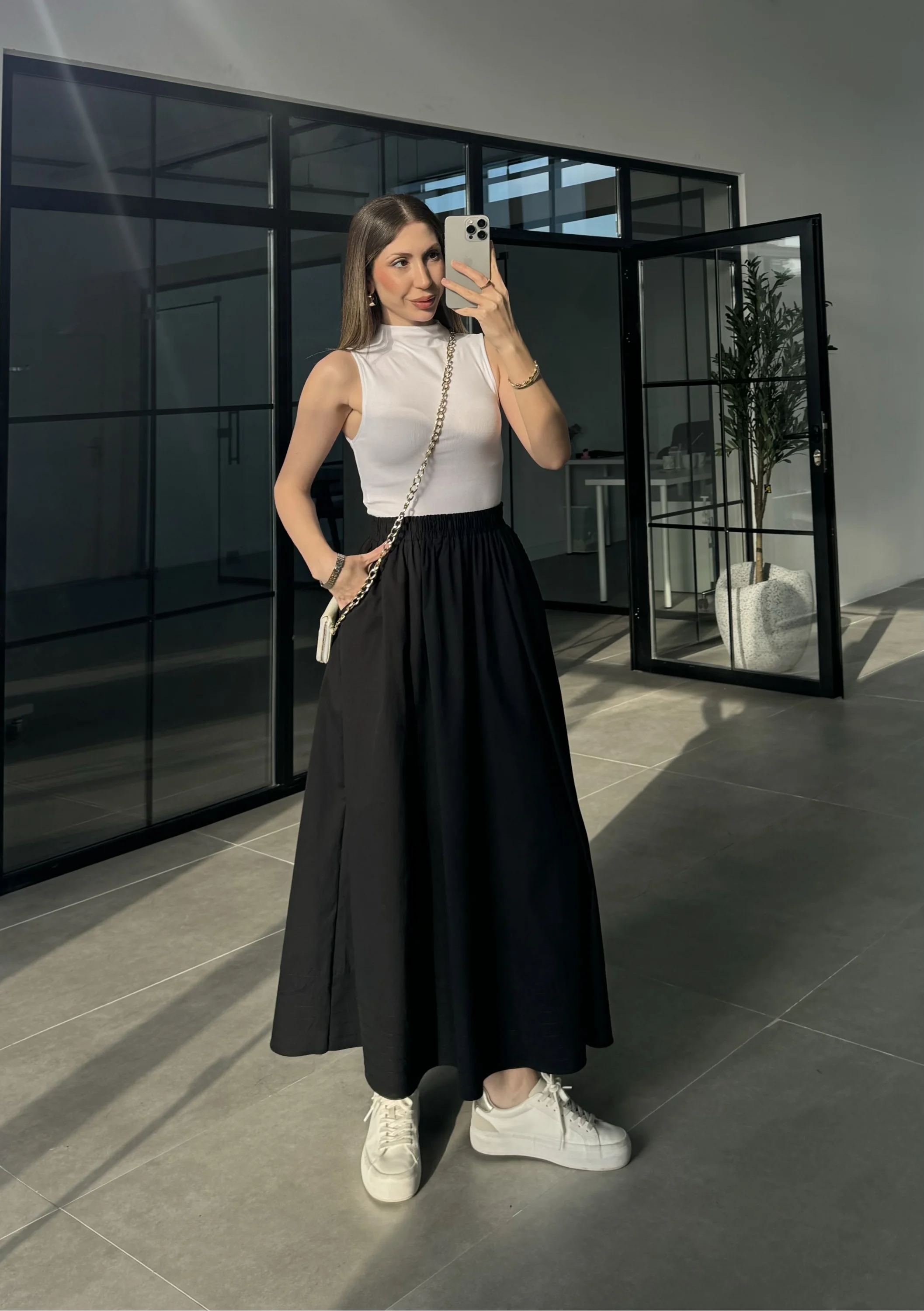 Poplin Kumaş Cepli Siyah Etek