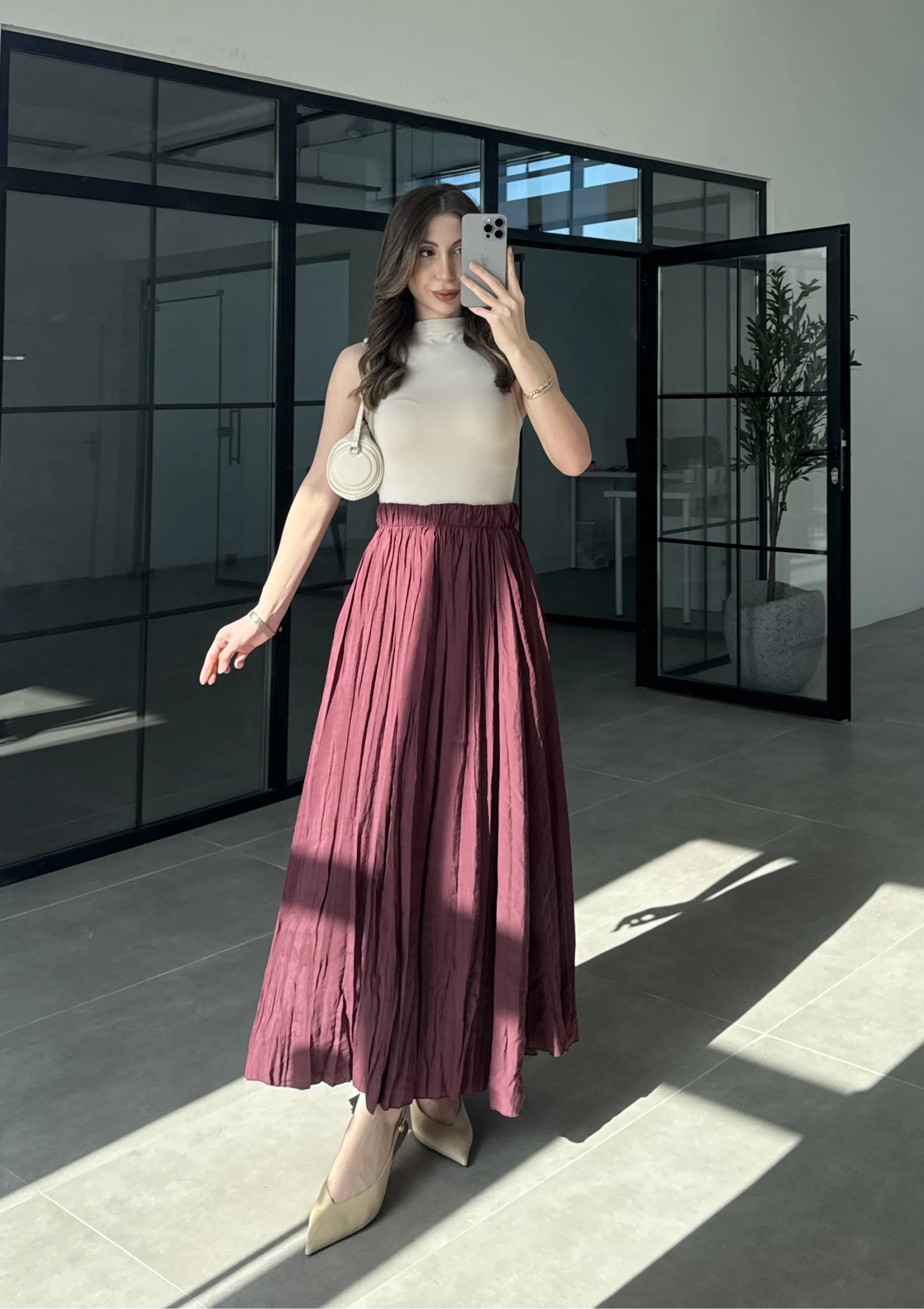 Beli Lastikli Bordo Tensel Kırışık Etek