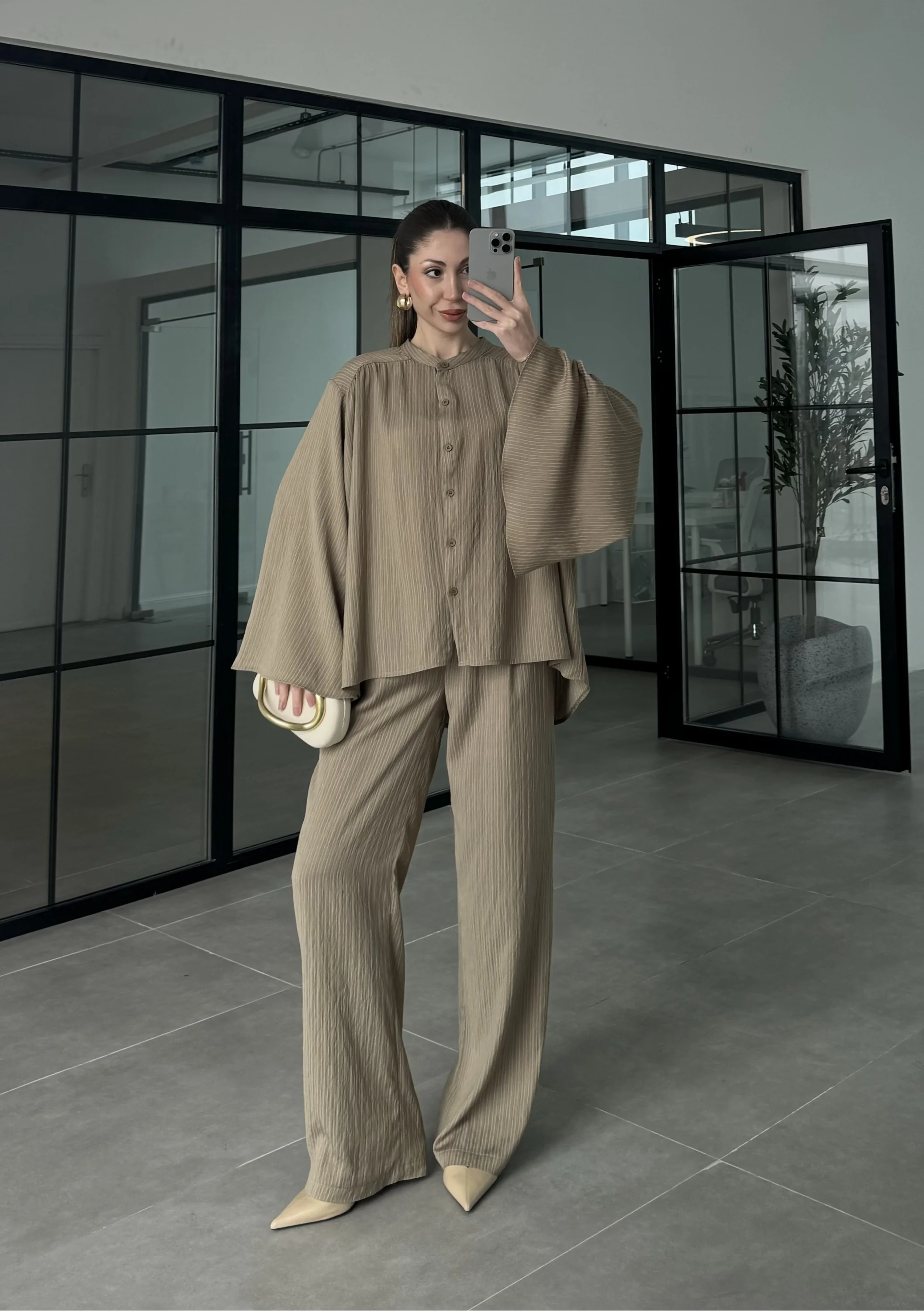 Yarasa Kol Oversize Çizgili Haki Takım