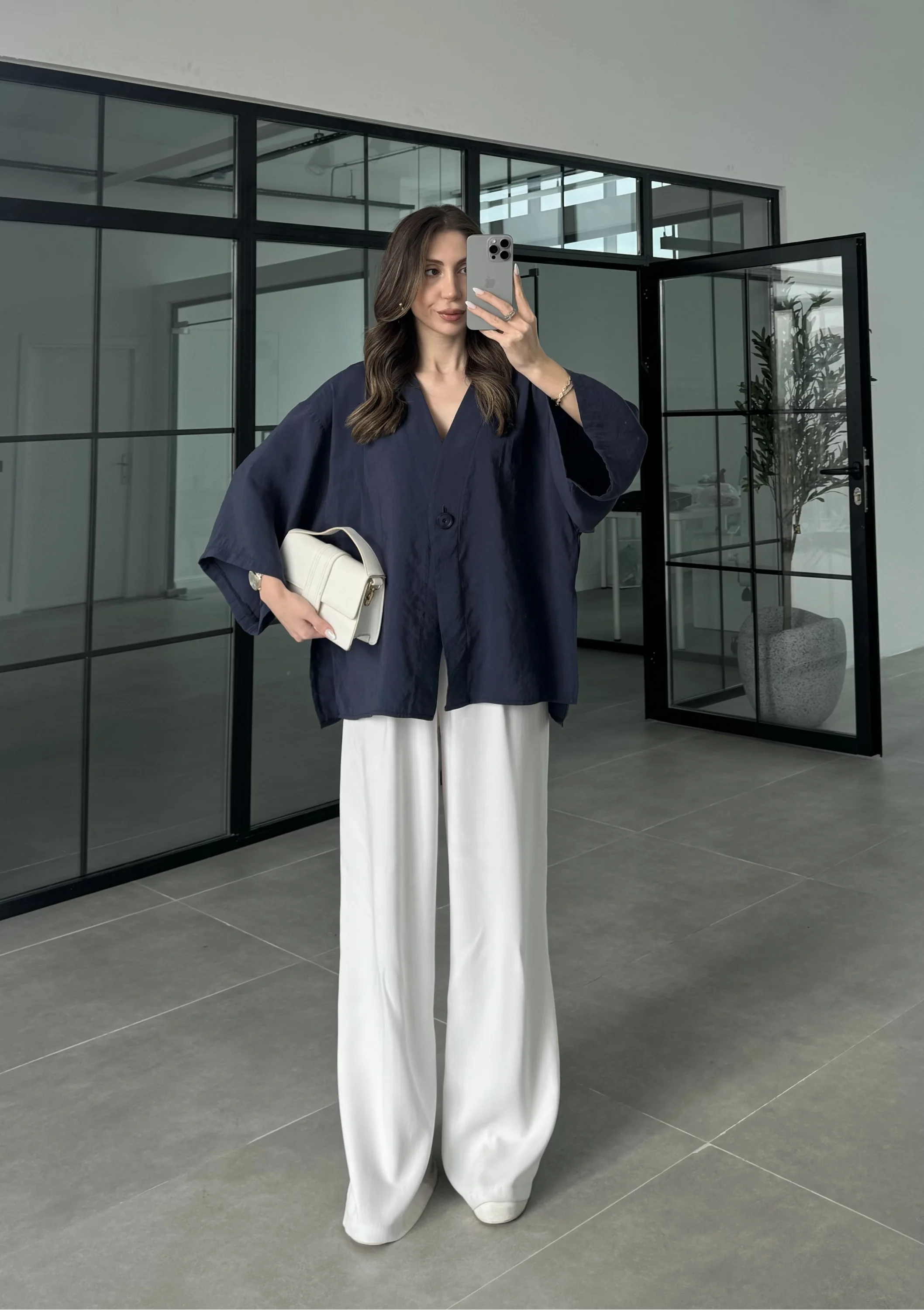 Sofi Tek Düğme Oversize Tensel Lacivert Gömlek