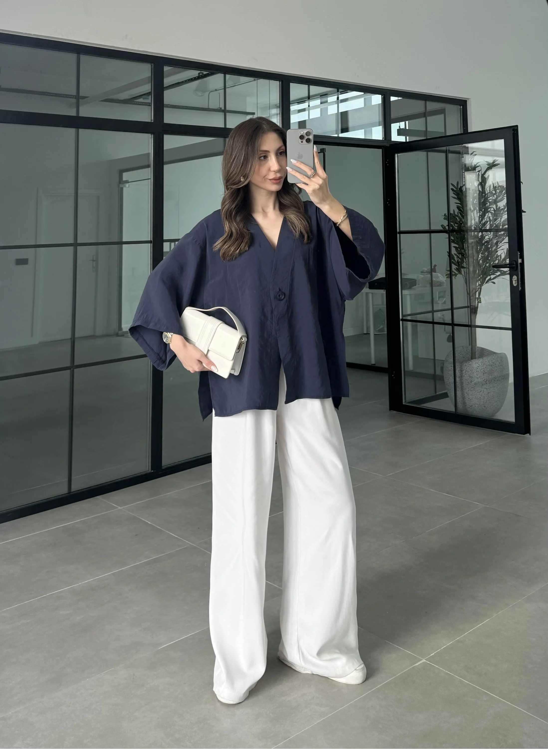 Sofi Tek Düğme Oversize Tensel Lacivert Gömlek