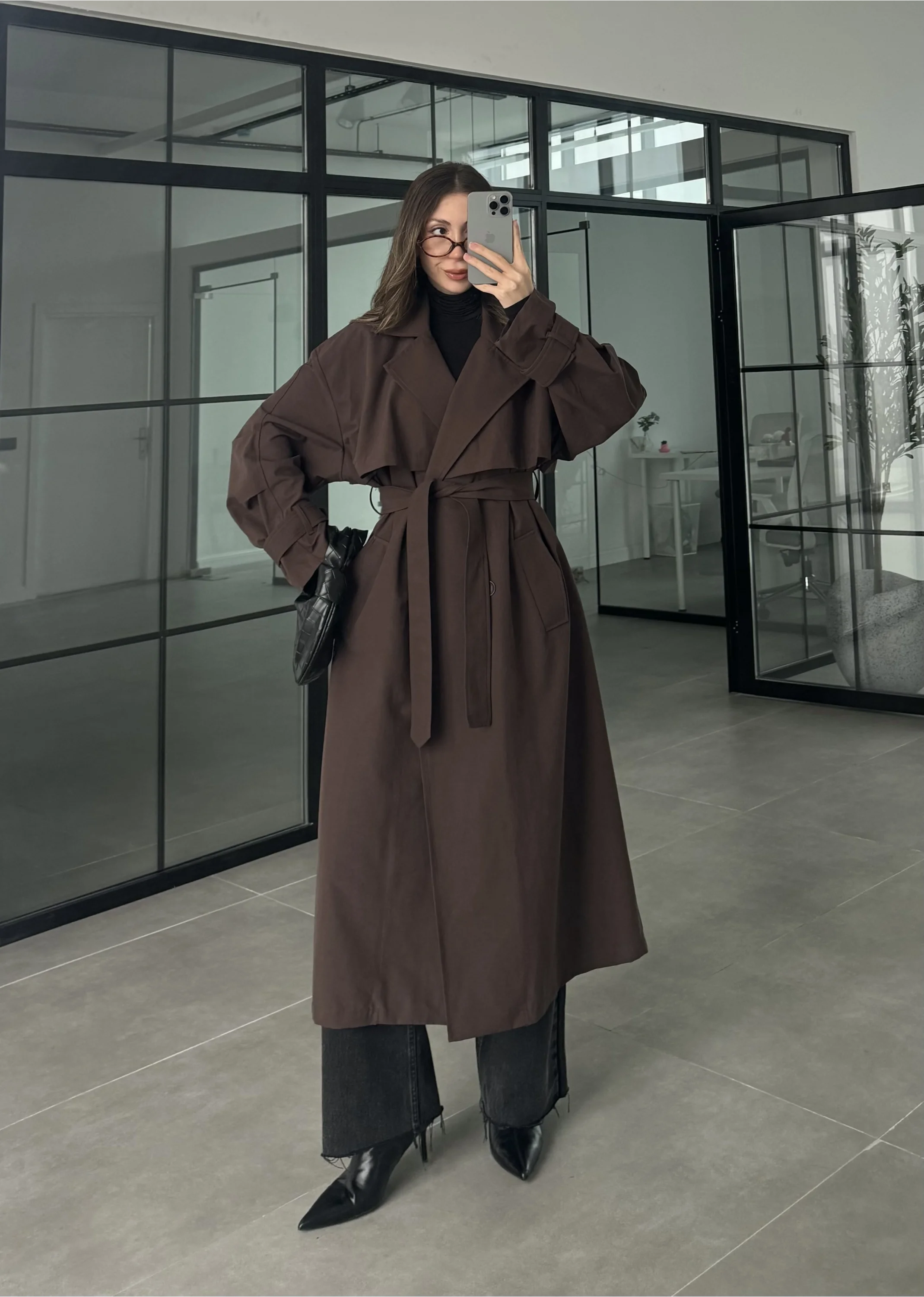 Cool Oversize Premium Kahve Kuşaklı Trençkot