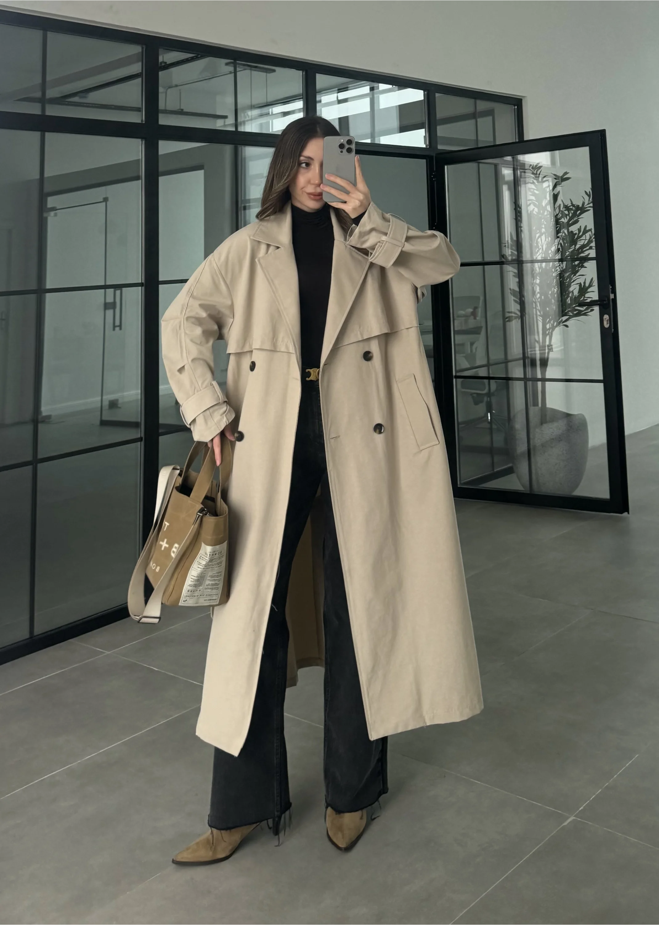 Cool Oversize Premium Taş Kuşaklı Trençkot