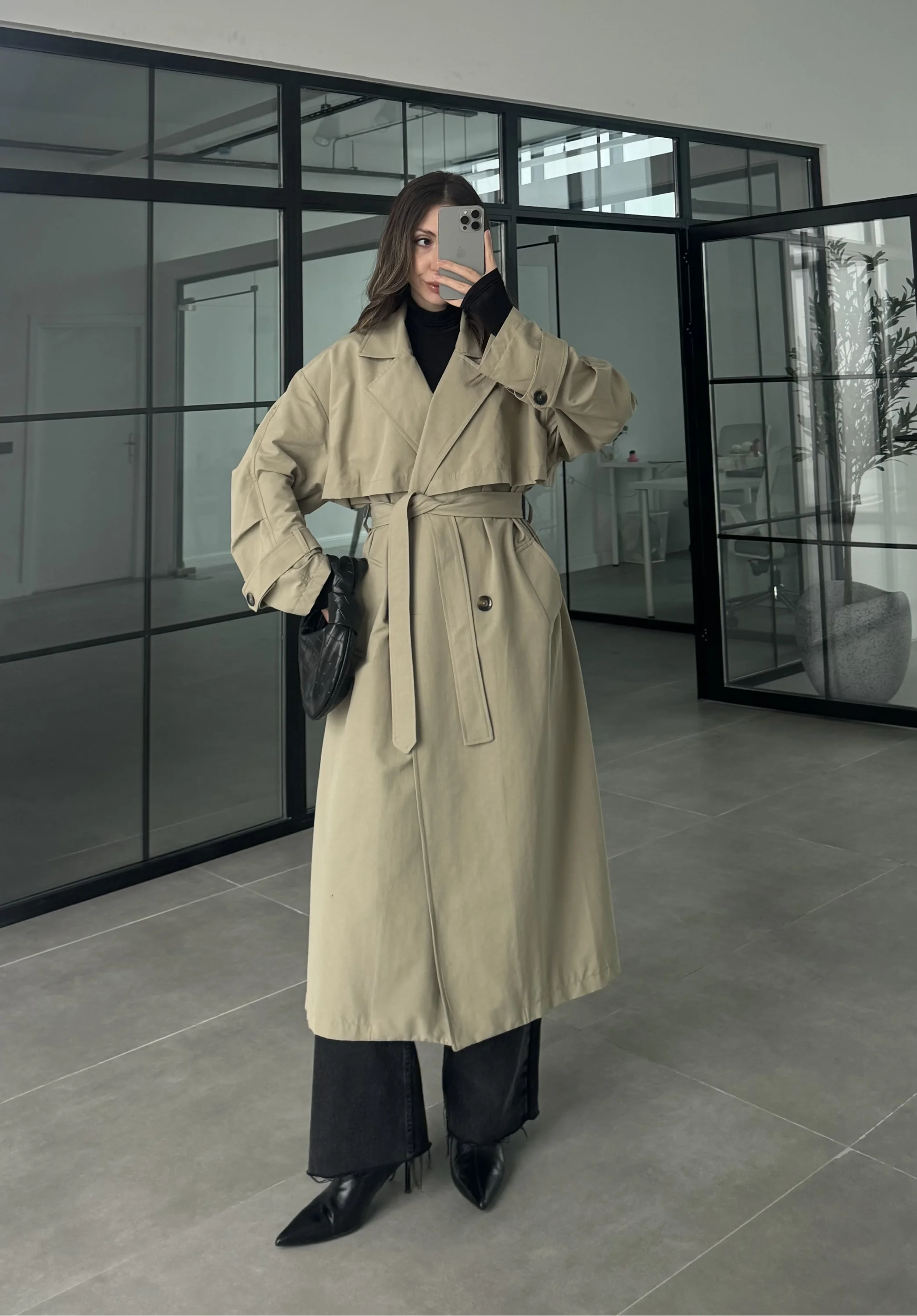 Cool Oversize Premium Yeşil Kuşaklı Trençkot