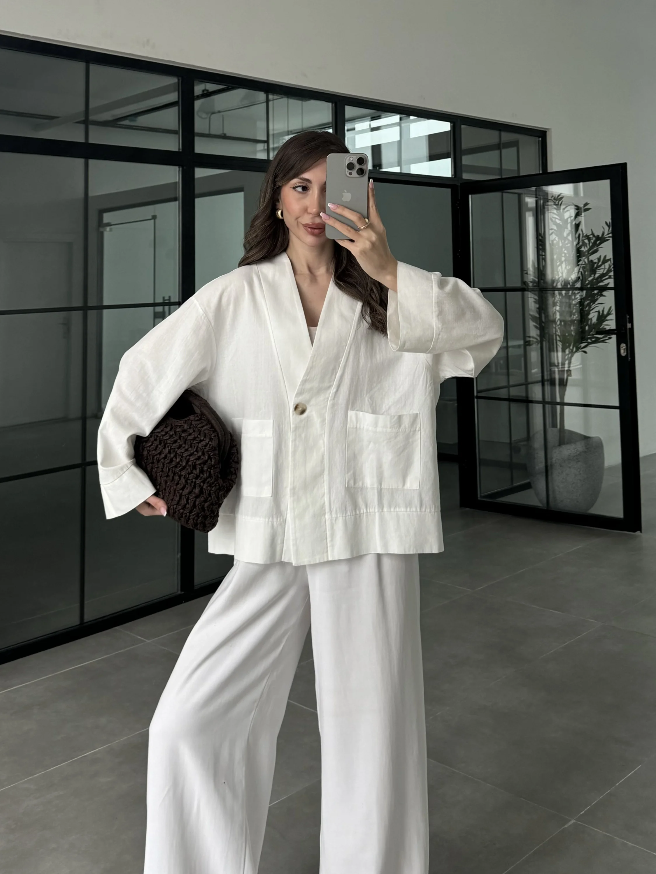 V Yaka Tek Düğme Keten Ekru Kimono Ceket