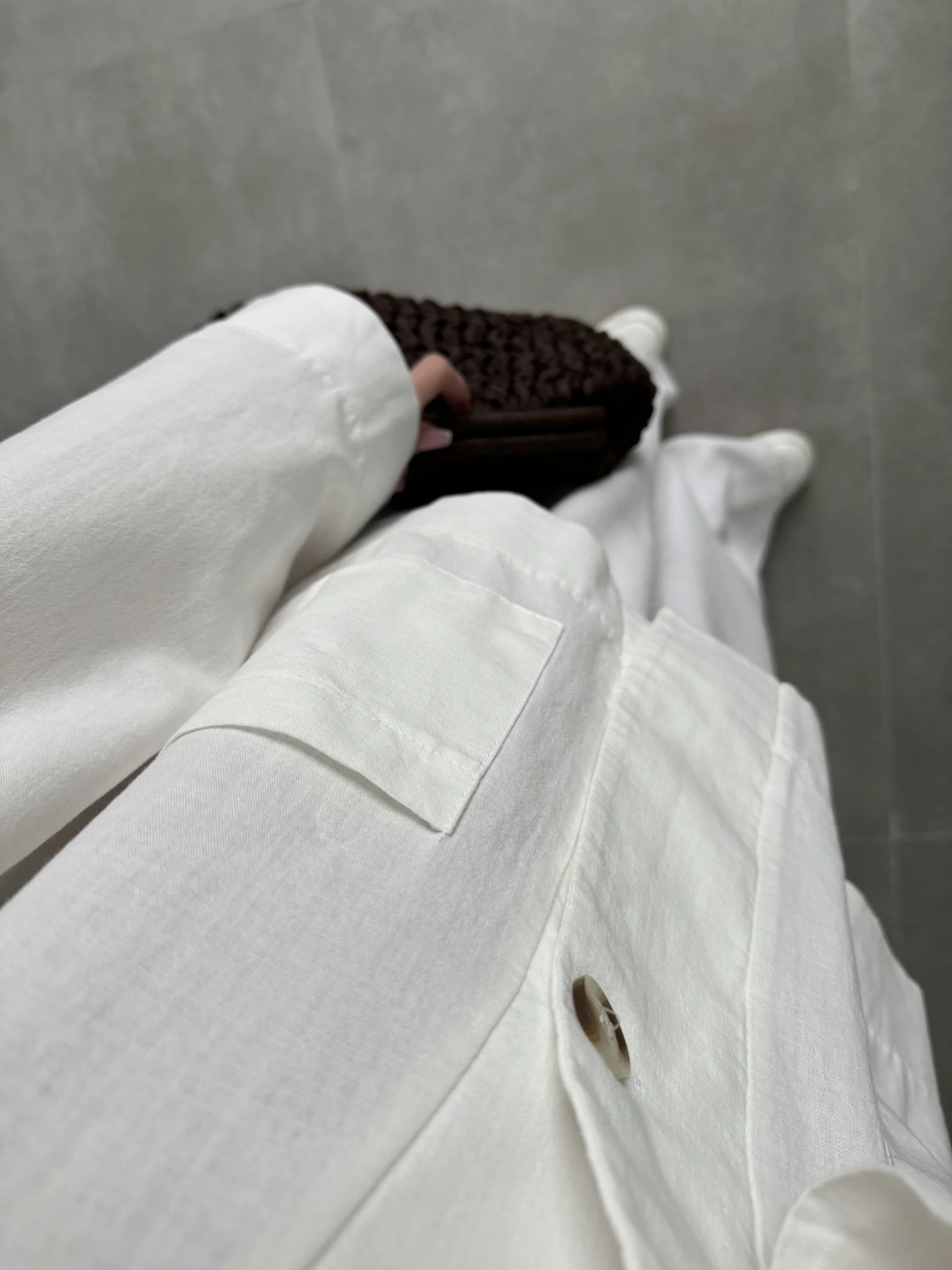 V Yaka Tek Düğme Keten Ekru Kimono Ceket
