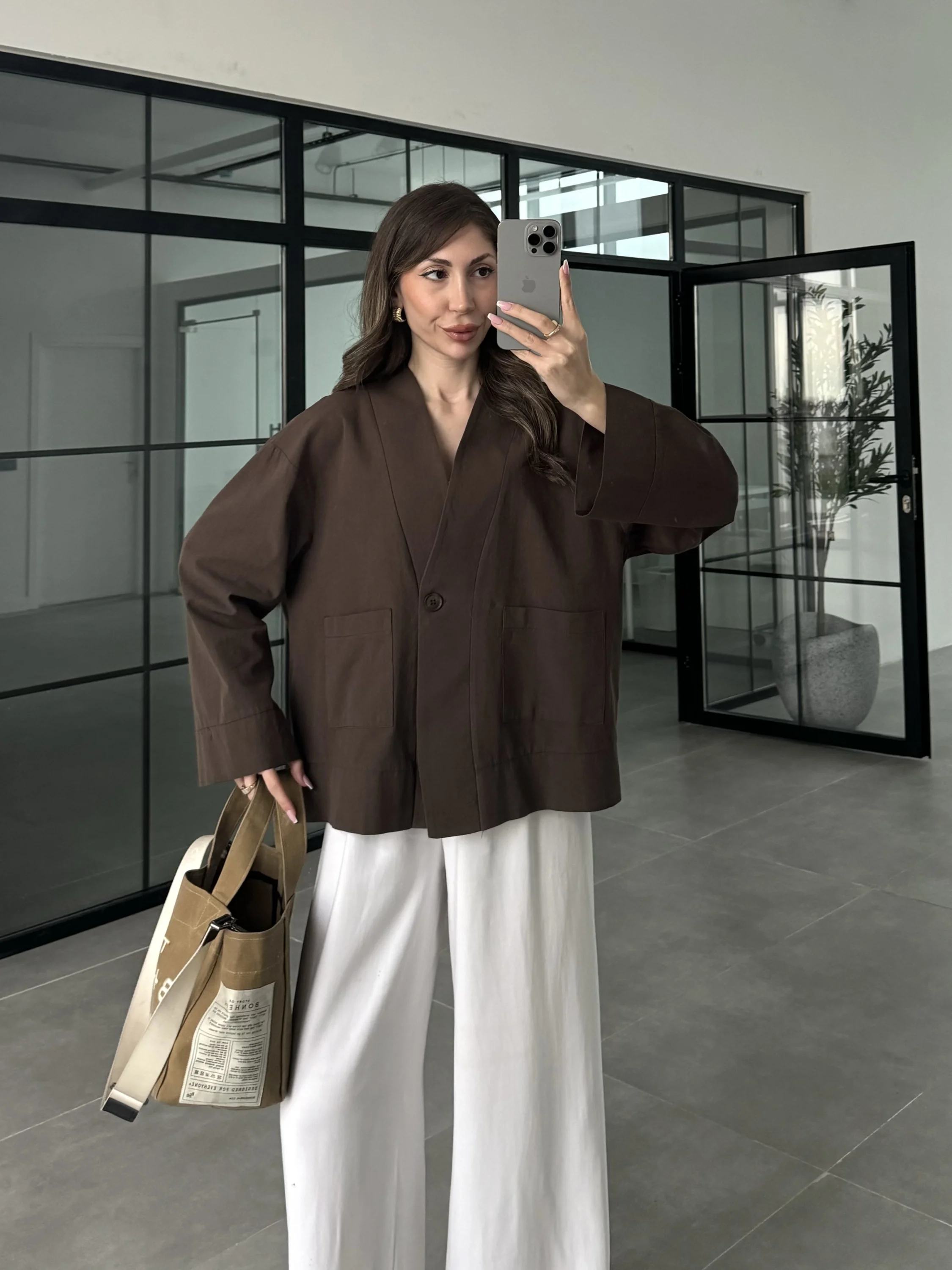 V Yaka Tek Düğme Keten Kahve Kimono Ceket